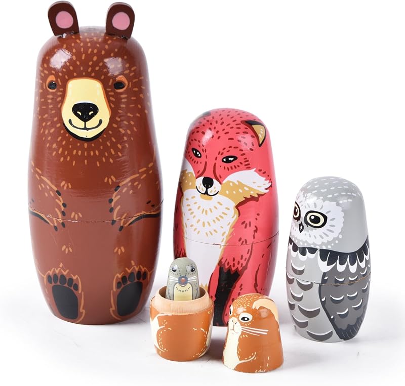 Muñecas rusas anidadas, juego de apilamiento de madera de oso, 5 piezas | Diseño de animales de oso, juego apilable de madera de 5 piezas, decoración de exhibición, regalo para niños y coleccionistas