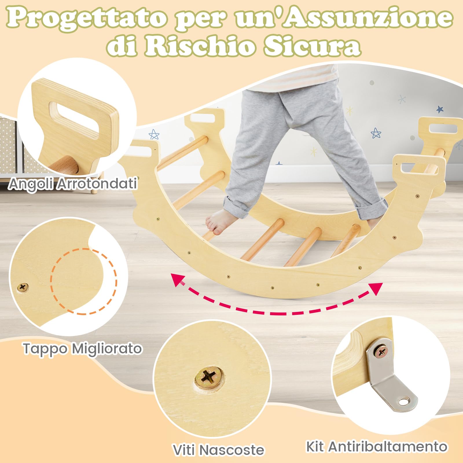 COSTWAY Arco da Arrampicata per Bambini, 2 in 1 Altalena ad Arco in Legno con Cuscino Morbido, Doppia Faccia, Ideale per Bambini 1+ Anni (Naturale)