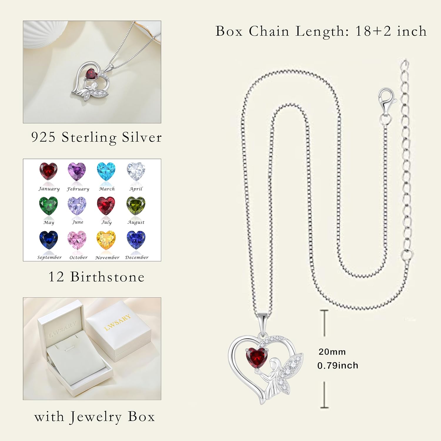 Guardian Angel Necklace 925 Sterling Silver Heart Angel Wings Pendant Birthstone Jewelry for Women - Image 6