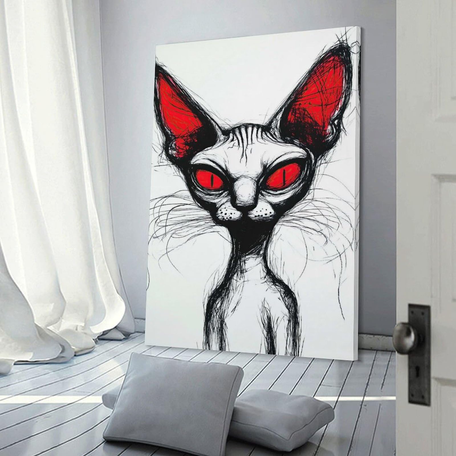 Junmoney Sphynx Cat with Red Eyes Canvas Wall Decor 08x12inch(20x30cm), for Home Lounge, Bedroom Or Reading Nook, A Home Accent with Warm Character