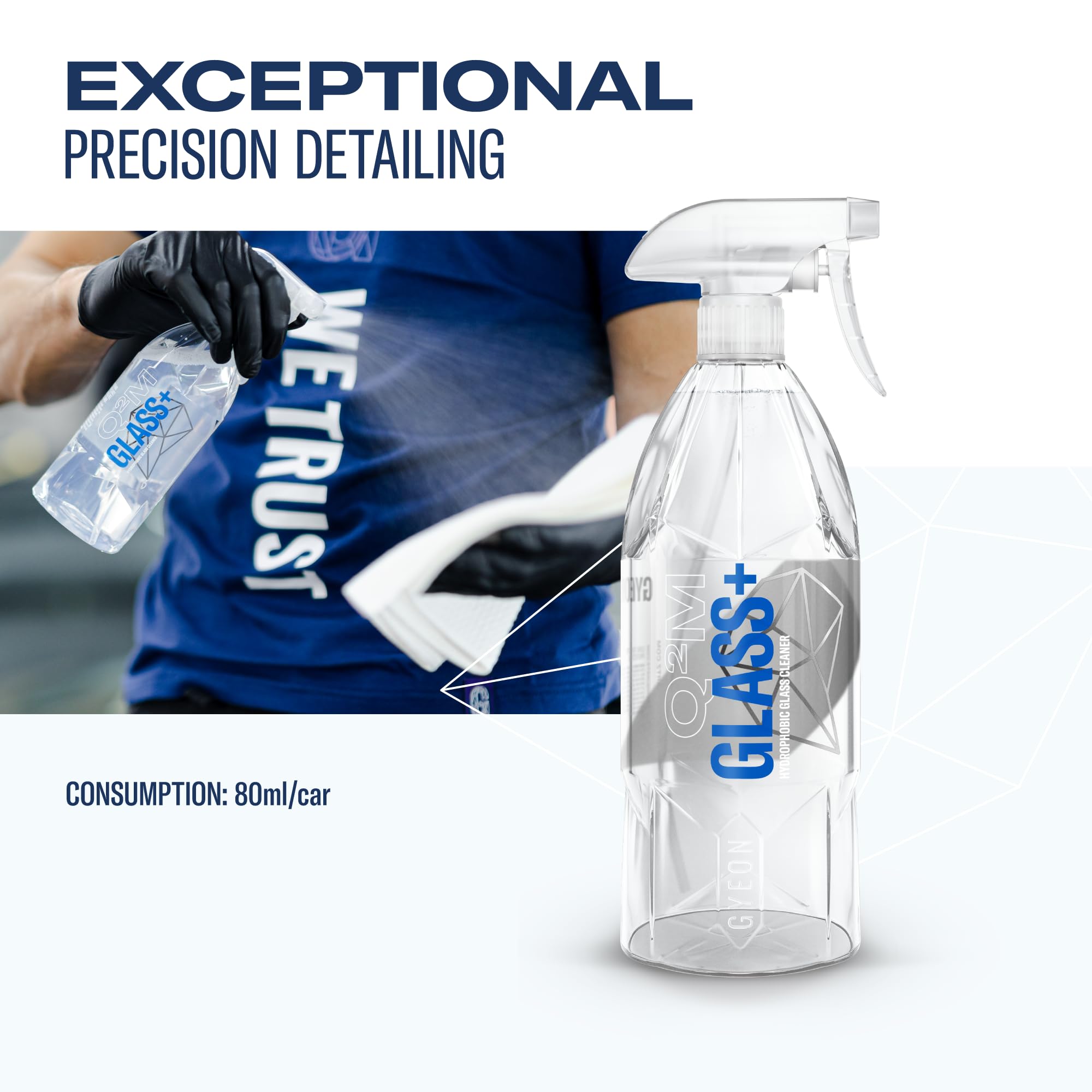 GYEON Q²M Glass+ - Limpiador hidrofóbico de cristal para coche, visión mejorada en todas las condiciones, autolimpiante y repelente al agua, superficie lisa y antiestática, kit de mantenimiento de