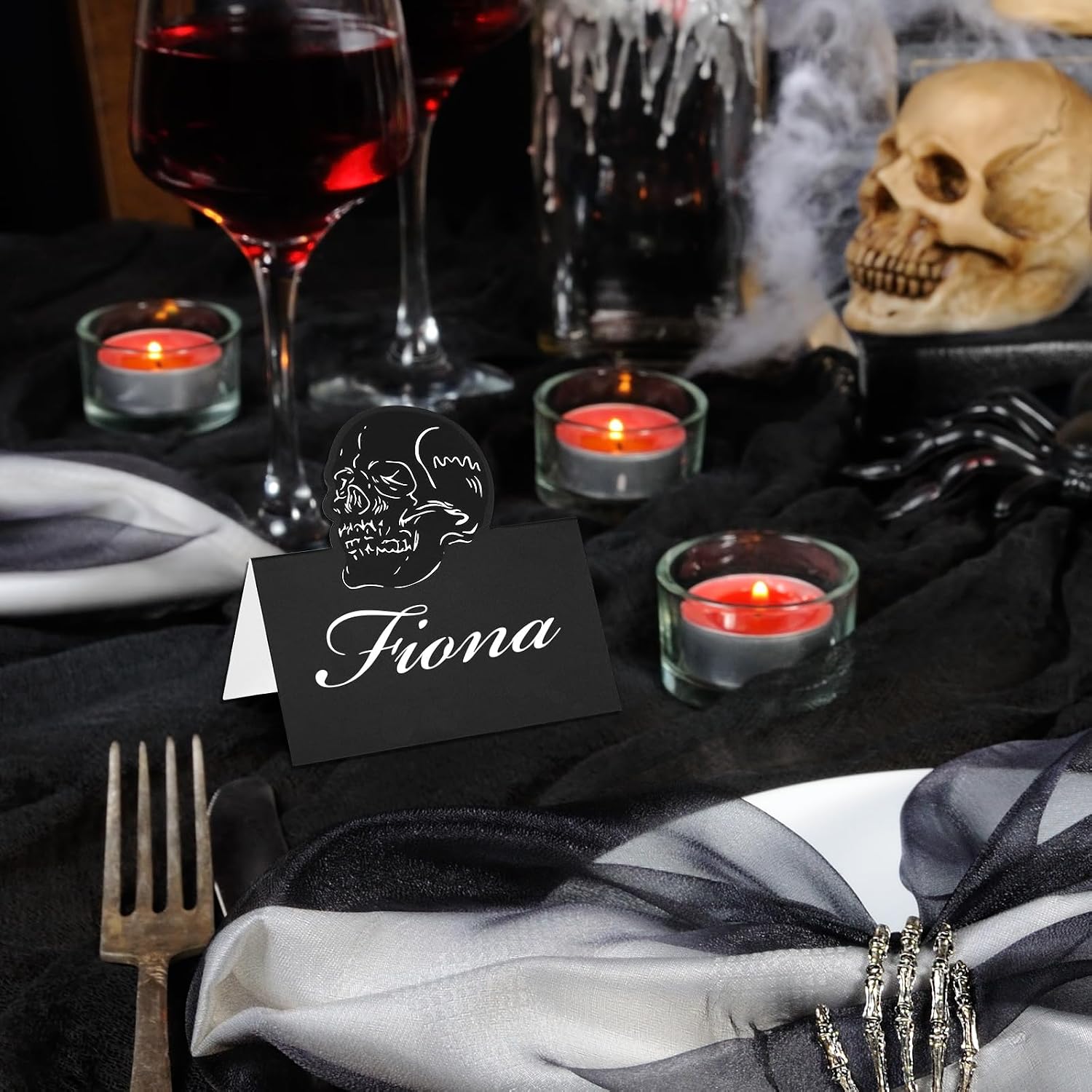 Whaline 60Pcs Halloween Place Cards 2 x 3.5 Inch Black Pumpkin Spider Skull Bat Tent Name Cards Blank Seat Assignment Labels for Party Table Setting Supplies