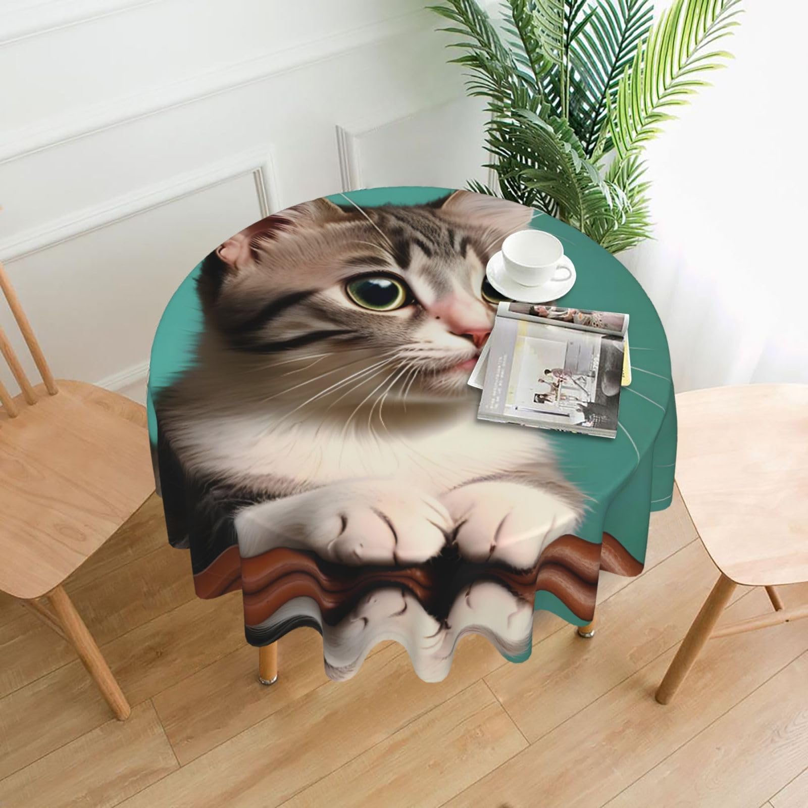 MROWYC A curious cat Printed Practical Round Tablecloth, Durable, Suitable for Home, Restaurant, Hotel, Gathering, and Decorative Table Covers