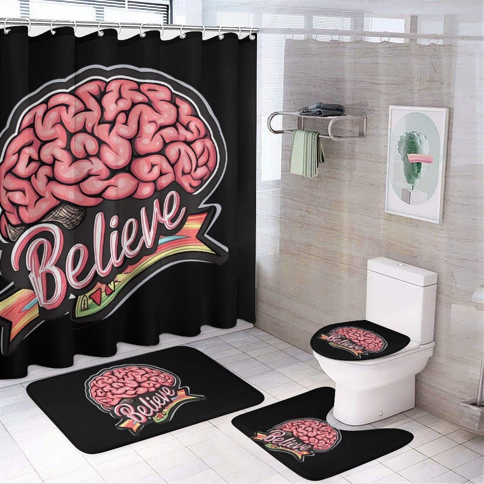 CGSBNGHA Believe-Brain-Cancer Shower Curtain Set 4 Piece Bathroom Sets with Rugs Toilet Lid Cover And U-Shaped Floor Mat