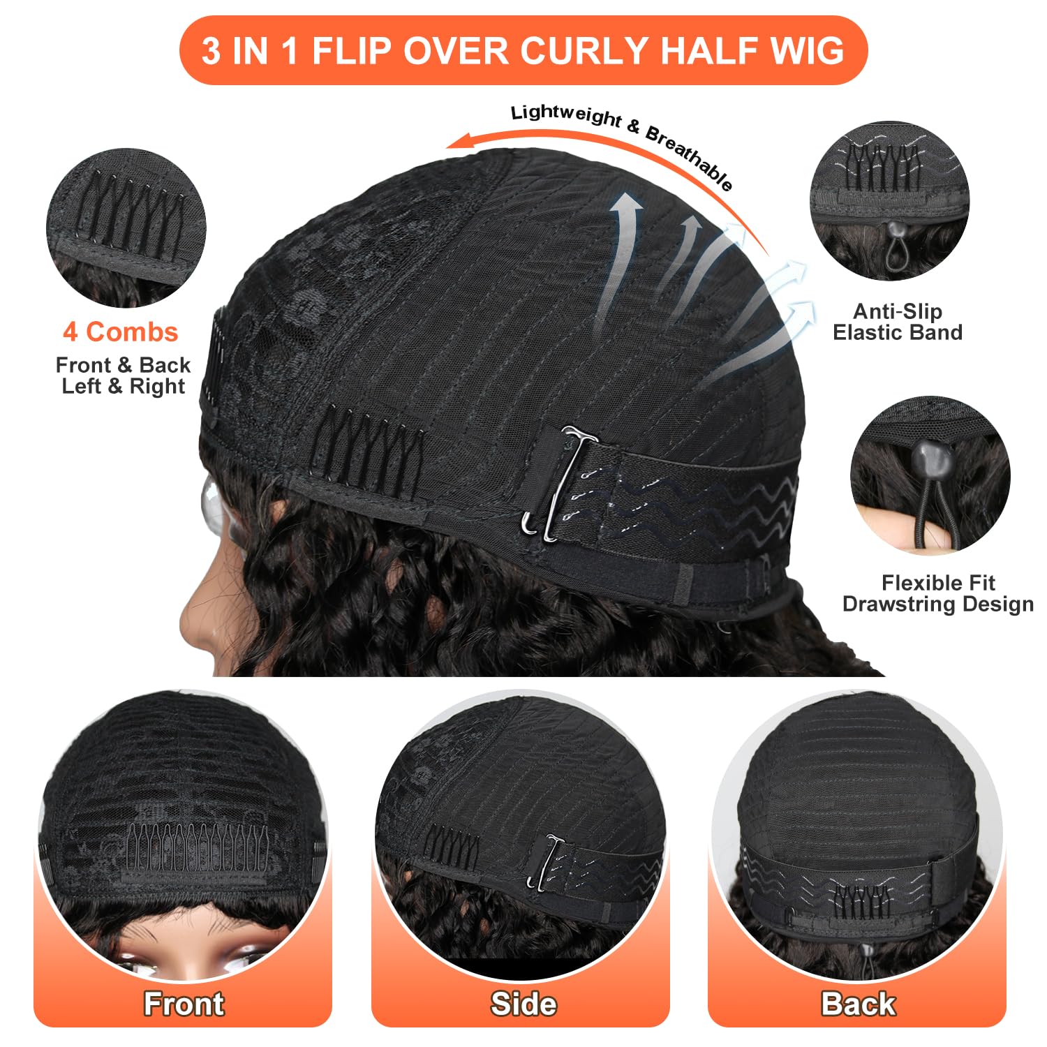 HOT STAR 220% Density 18 Inch Burmese Curly Half Wigs, 100% Human Hair, [2-Year Life, 195g], 3-In-1 Seamless Clip Ins Flip Over Glueless Wigs, Wear and Go Curly Half Wigs with Drawstring for Women