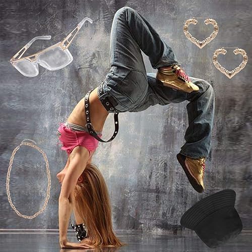 Miniatura 7 de Lohoee 80s90s Women Hip Hop Costume Gold Chain DJ Rapper Bucket Hat Glasses Hoop Earrings Hip Hop Rapper Costume