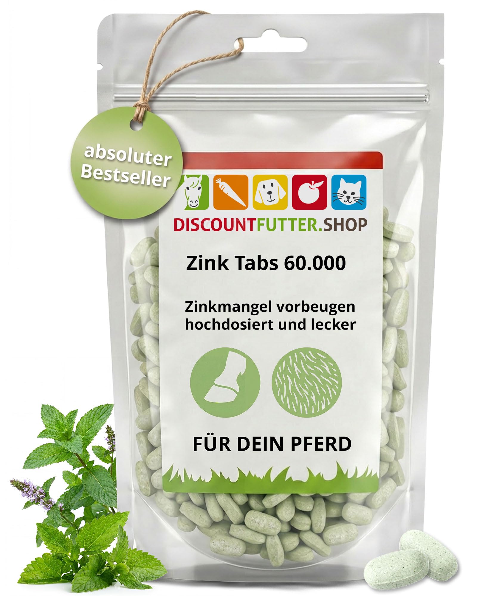 Zink Tabs 60.000 | hoch dosiert Pferde | 600 Stück I mit organischem Zink | frei von Getreide und Zuckerzusatz | 1 Tab = 50 mg Zink