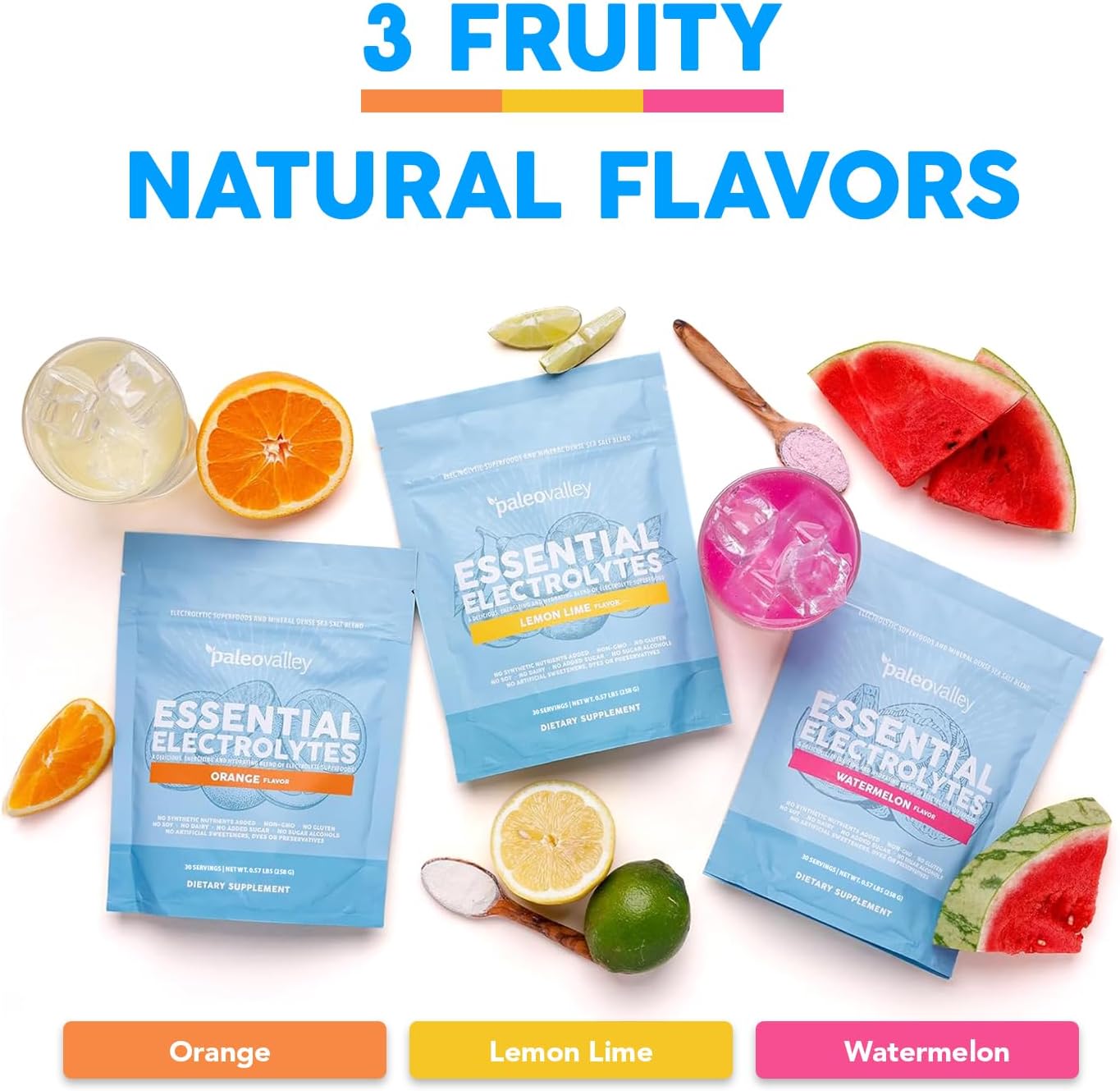 Paleovalley Essential Electrolytes Powder - Full Spectrum Watermelon Electrolyte Powder for Hydration, Energy and Muscle Recovery - No Sugar Added - 30 Servings