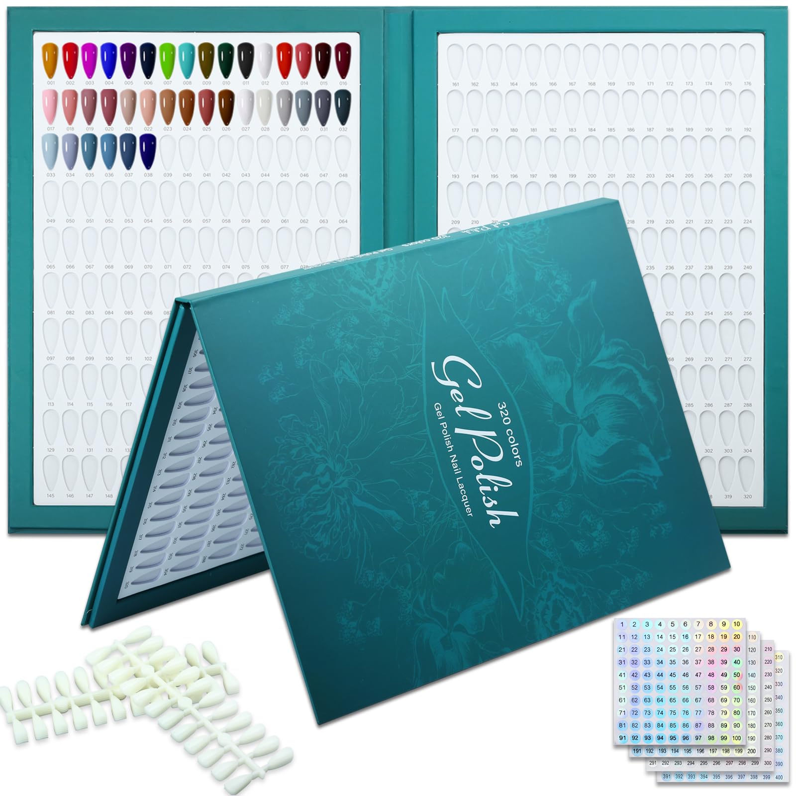 320 Nagellack Display Buch,Profi Nagelfarbe Karte Nailart Nägel Farbe Display Buch mit 480 Nagelspitzen & 1-400 Nummer Aufkleber, Salon Werkzeuge für Nagelkunst Design(Grün)