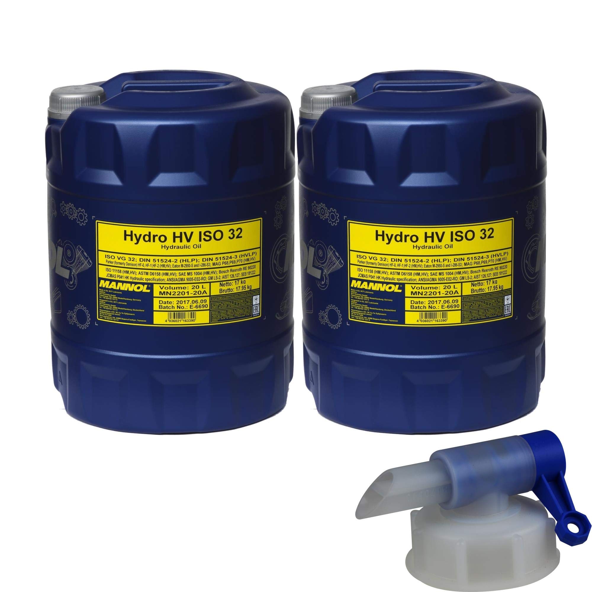 Mannol Hydro HV ISO 32 Lot de 2 bidons d'huile hydraulique HVLP 32 DIN 51524/3 20 l
