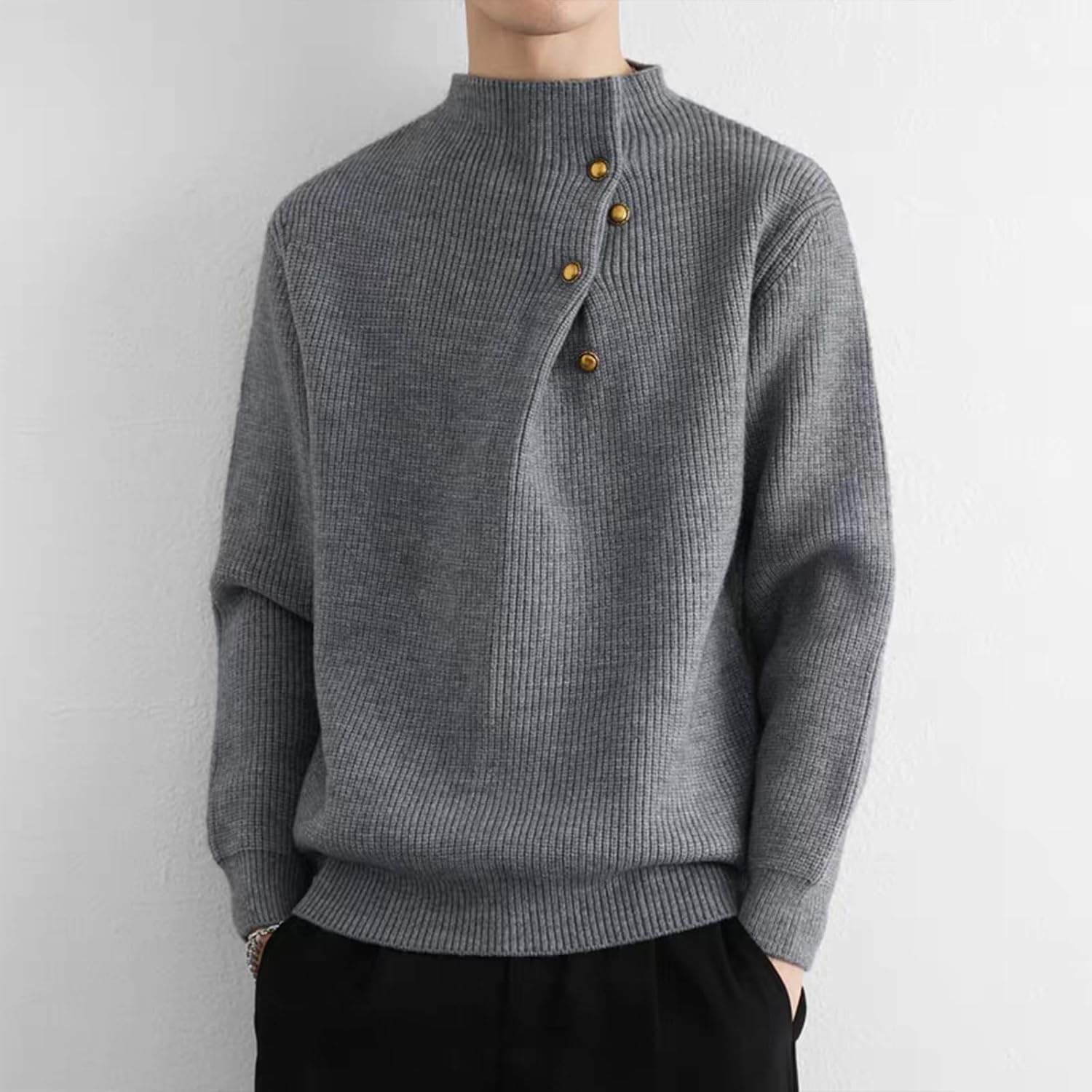 Men's Irregular Button Mock Turtleneck Sweater Loose Fit Casual Knitted Pullover Sweaters