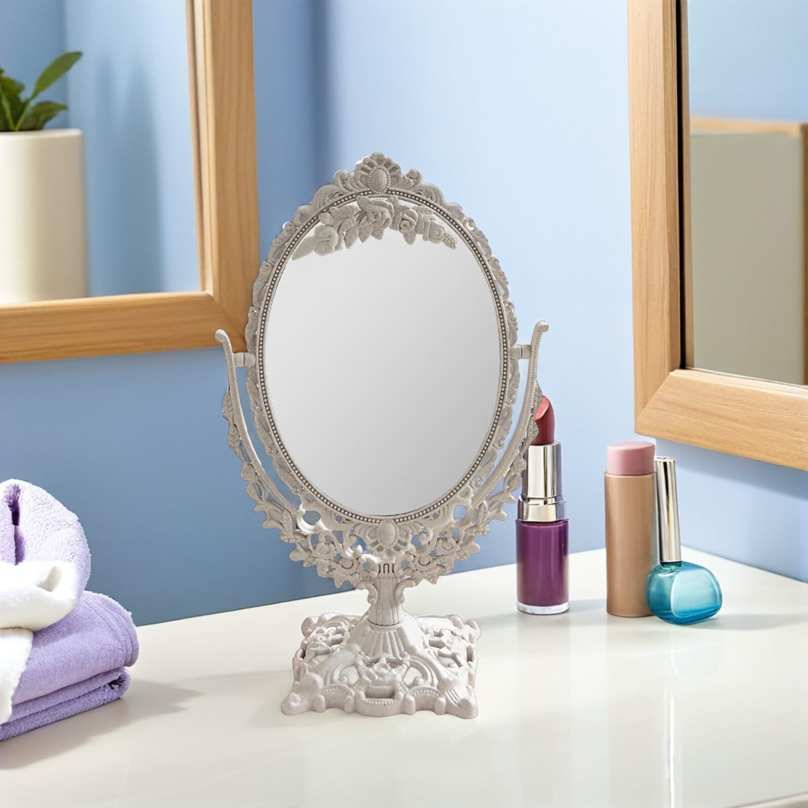 Garneck Tavolo Specchio 360 ° Rotazione Vintage Portatile Tabletop Make- Up Specchio Doppio Lato Stand Vanità per Bagno Camera Da Letto Dressing