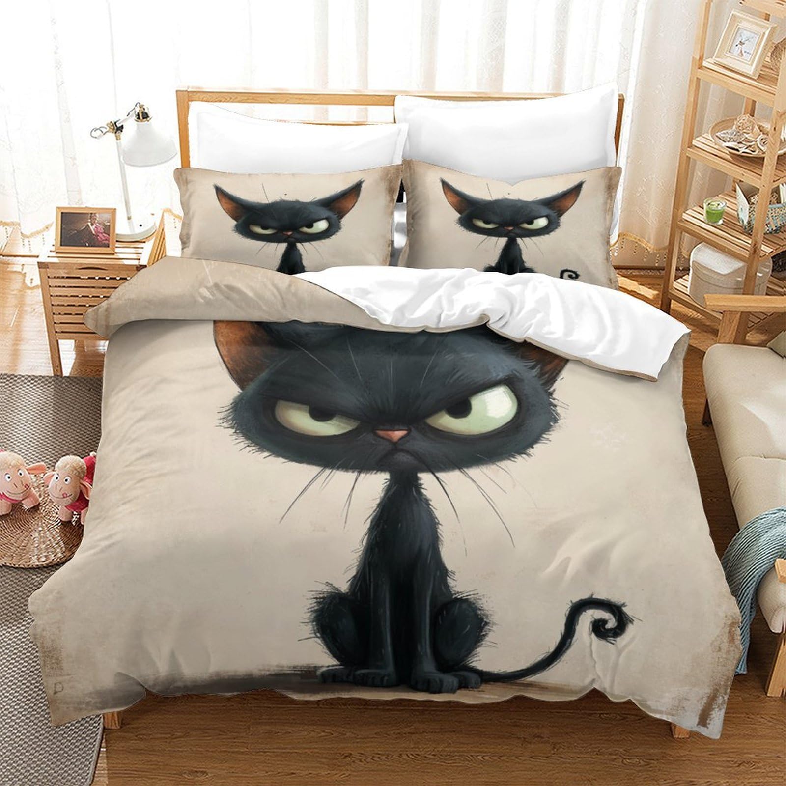 Housse de couette chat persan 260x220 cm avec taies d'oreiller zippées