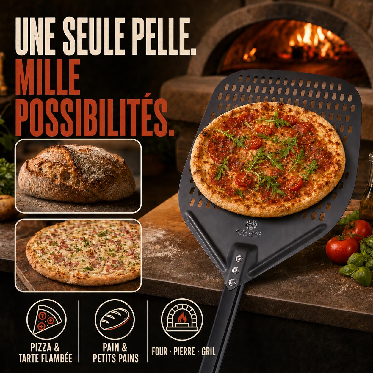 Pizza Lover Pelle à pizza perforée de qualité supérieure 30 x 30 cm spatule à pizza (anti-adhésif) pour pizza & pain faits maison Accessoire idéal pour pierre à pizza, four & barbecue