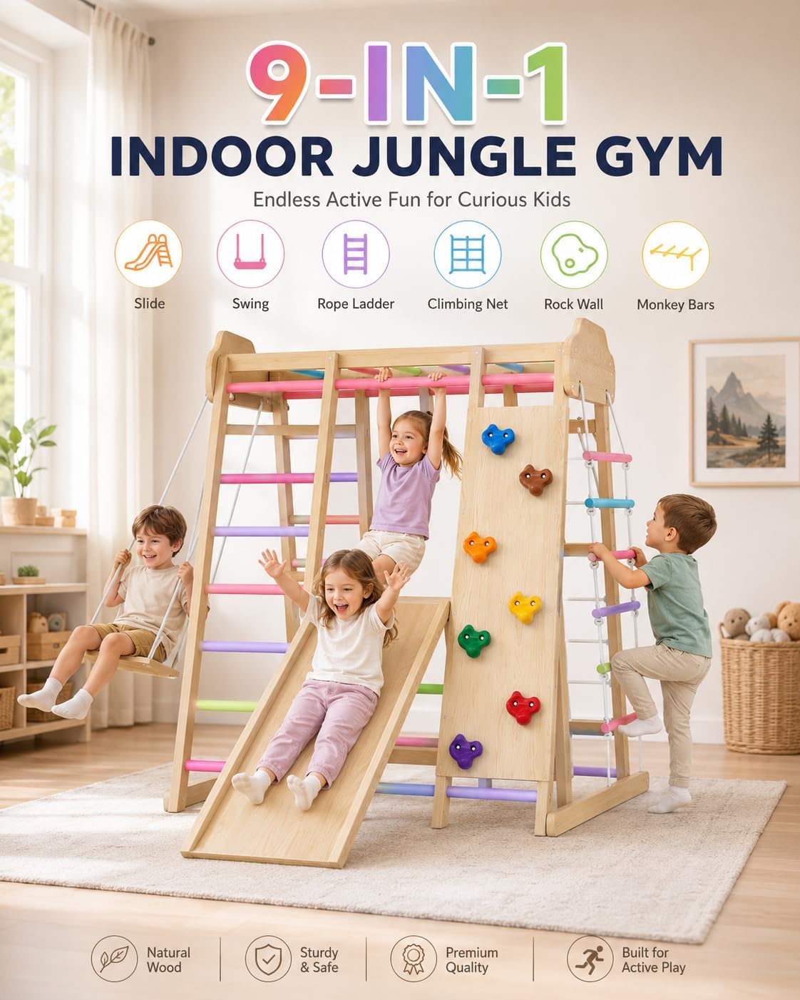 9-in-1 Indoor Playground for Toddlers, Montessori Wooden Jungle Gym Kids Climbing Indoor with Slide, Swing, Monkey Bars, Rock Wall, Rope Ladder & Net, Activity Playset for Boys Girls