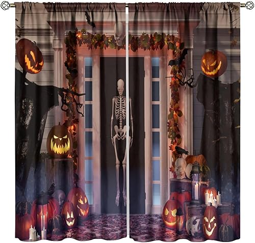 Miniatura 22 de Cortina de Halloween con diseño de araña, calabaza, telaraña, decoración gótica, para decoración de ventana de sala de estar, dormitorio, 42 Estilo