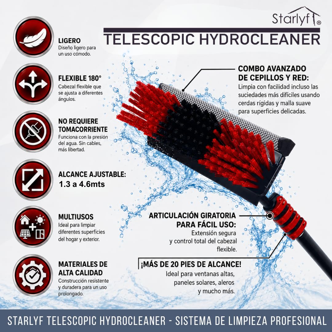 STARLYF - Cepillo de Limpieza telescópico, Alimentado por Agua, dispensador de jabón, Limpieza de Paneles solares, Kit de Limpieza de Ventanas con escobilla de Goma