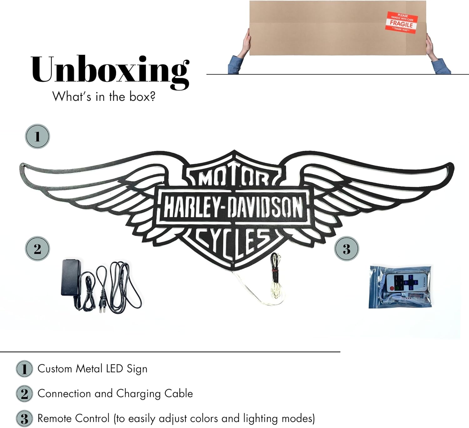 Harley Motorcycles LED Wall Sign, Neon Effect Metal Logo with Wings, Vintage Garage & Man Cave Decor, Backlit Art Gift for Bikers & Collectors (Amber - 37 x 11 inches)