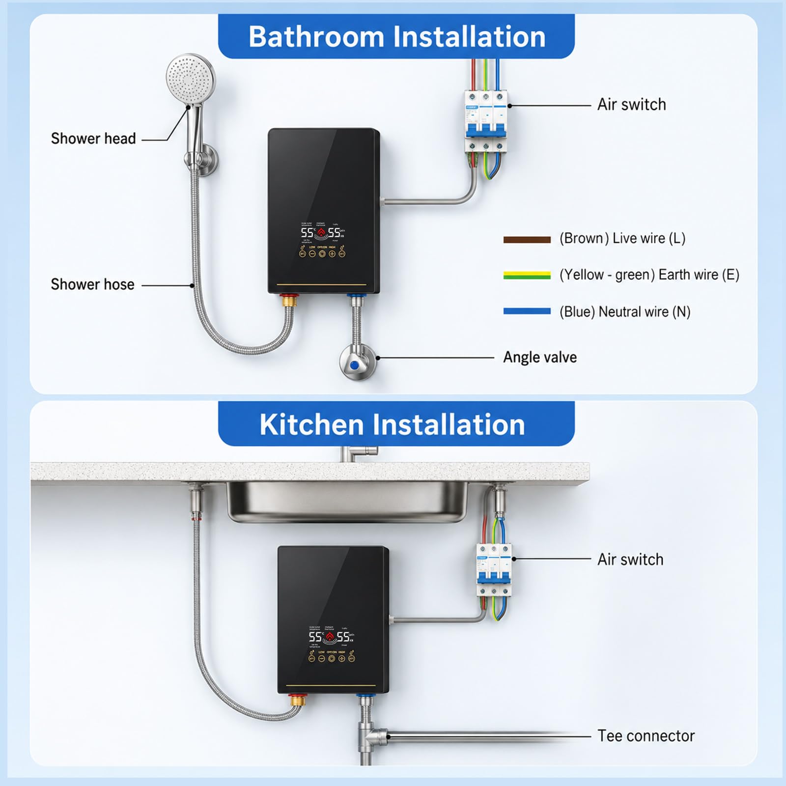 Mini Durchlauferhitzer 5500W 220V, Elektrischer Warmwasserbereiter mit LED-Display, elektronisch geregelt, Max. 55℃, Instant Elektrische Durchlauferhitzer Klein für Dusche, Bad, Küche, Garten