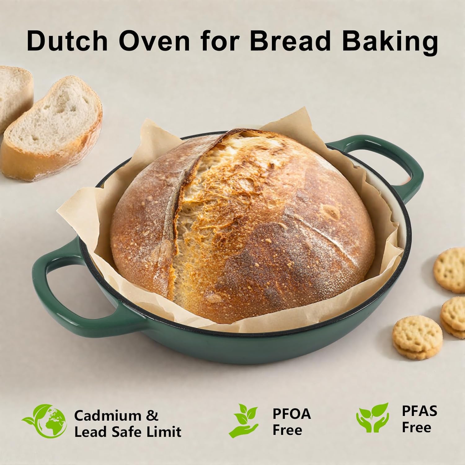 6QT Bread Dutch Oven Pot with Lid, Enameled Cast Iron Dutch Oven for Sourdough Bread Baking, Roasting, Stewing and Soup, Non-Stick Enamel Cookware for Oven/Stovetop, Perfect for Homemade Bread, Green