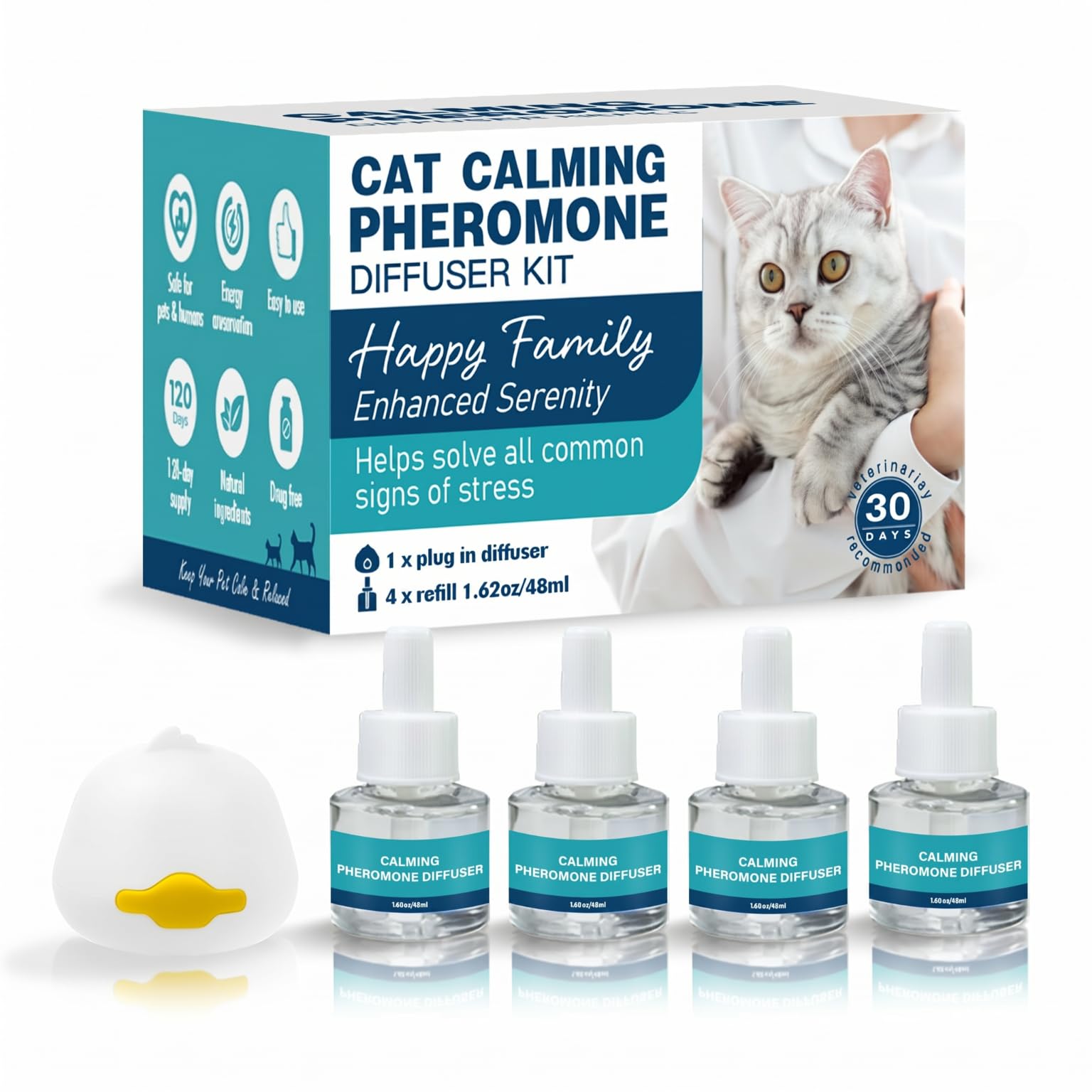 Welan Cat Calming Diffuser - 1 Plug-Ins & 4 Refills (48ml) Cat Pheromone Diffuser 700 sq ft Coverage 120 Day Refill Set - Reduces Stress, Spraying, Scratching – Plug-in Cat Calmer for Multi-Cat Homes