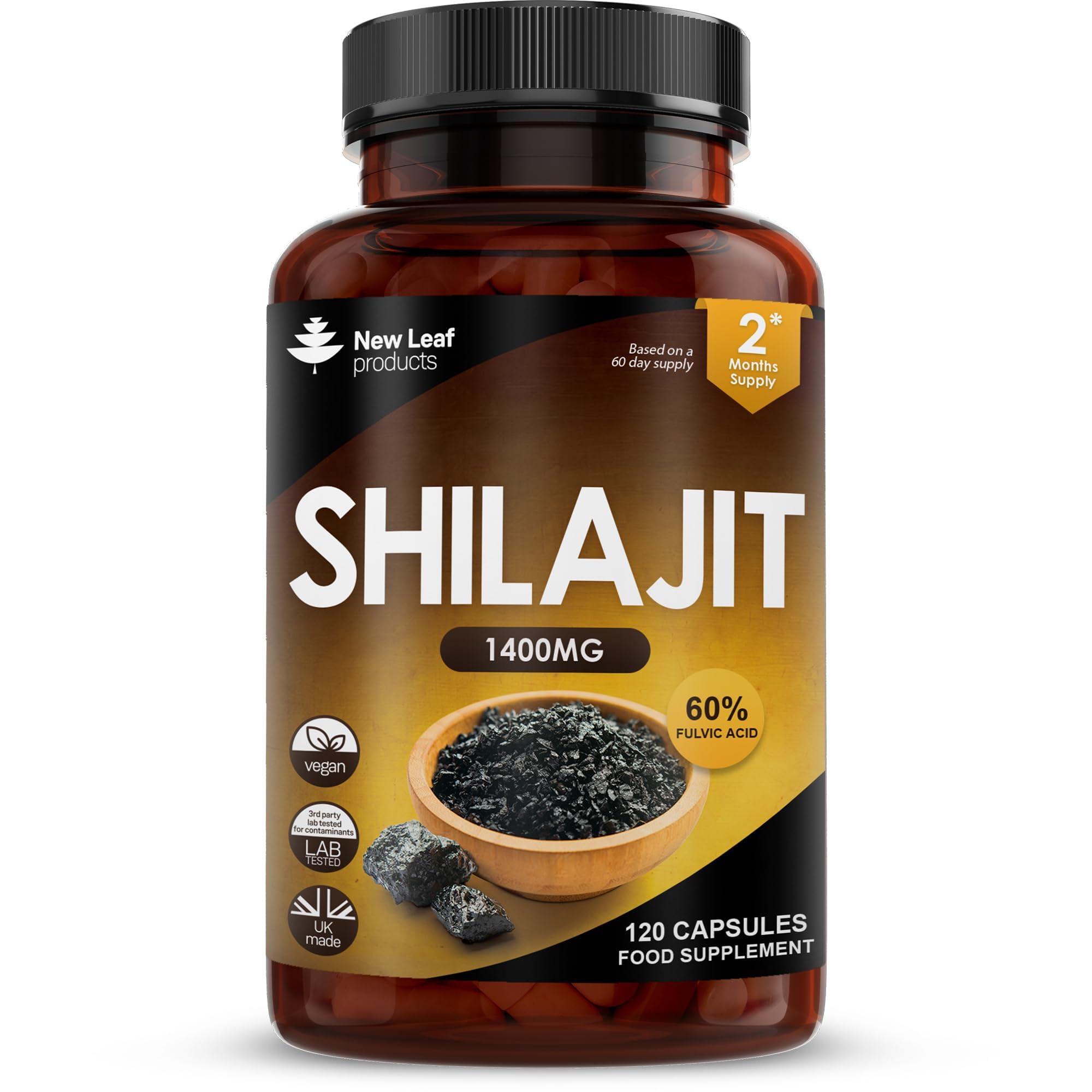 Shilajit Capsules 1400mg 60% Fulvic Acid - High Strength Himilayan Shilajit, 2 Months Supply Shalajit Resin - Made in The UK Supplement by New Leaf 120 Capsules