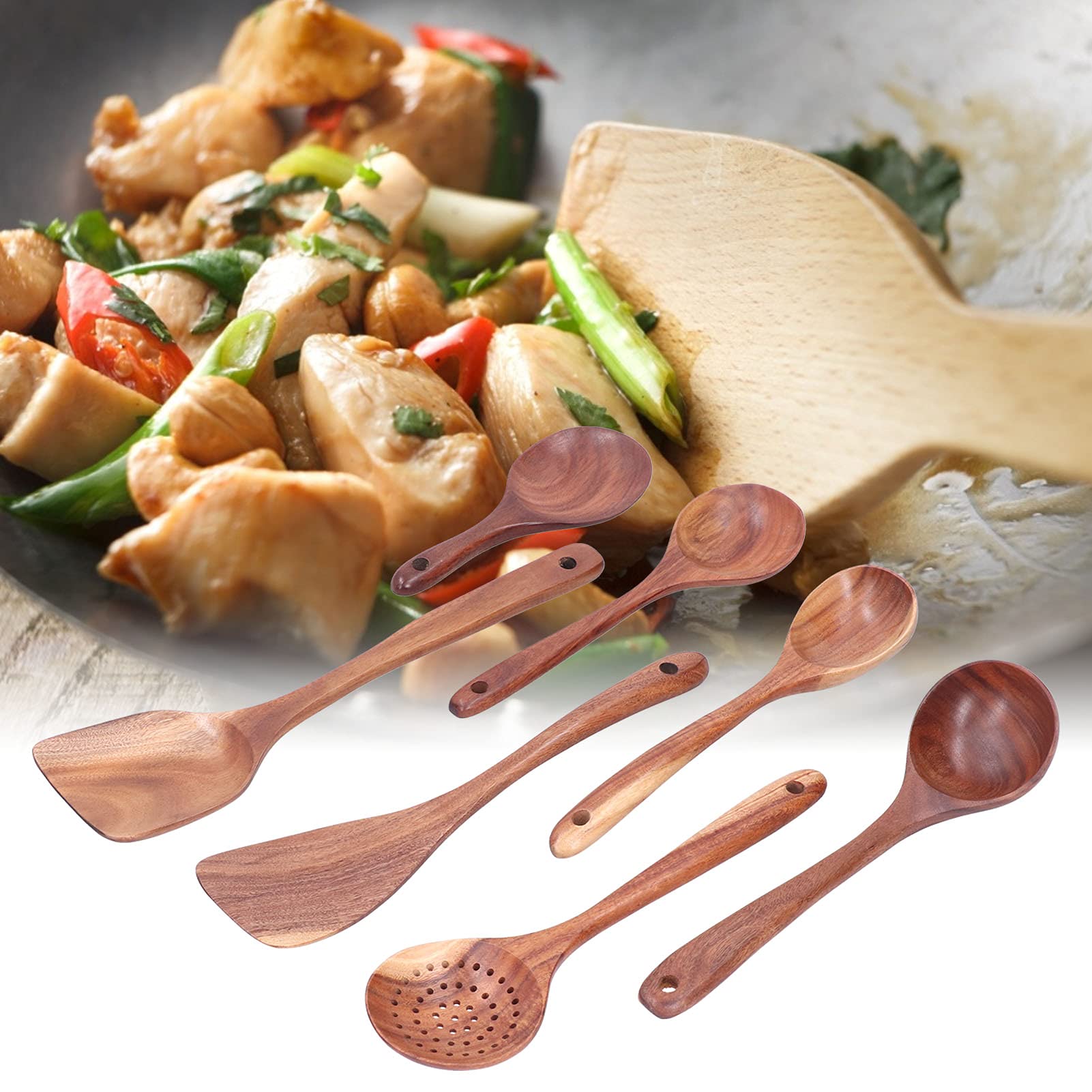 Juego de espátulas de madera, utensilios de cocina para cocinar, espátula antiadherente con mango largo, utensilios de madera de teca para sartenes antiadherentes, incluye juego de 7 piezas para B