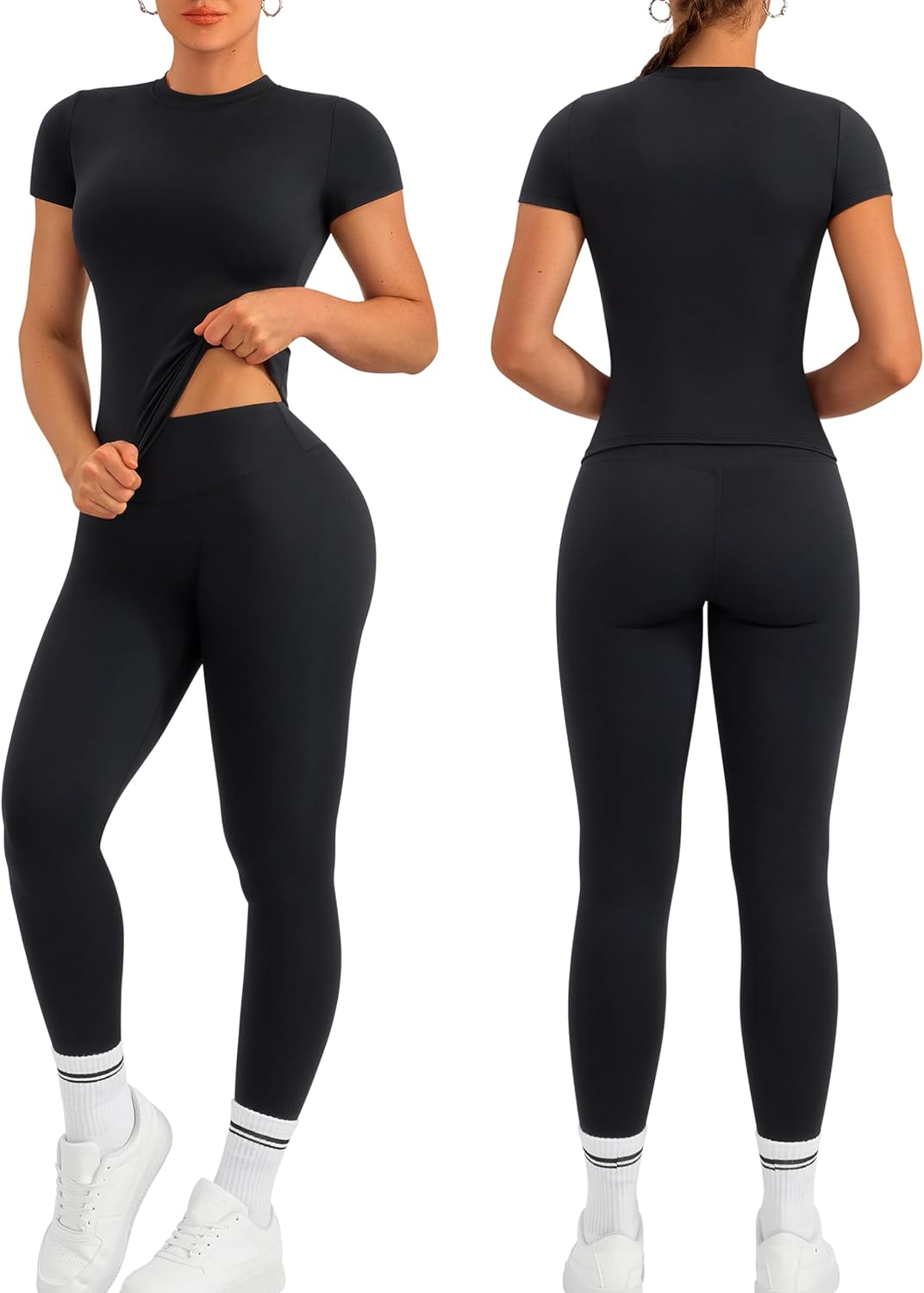 Relety Womens Two Piece Workout Sets Slim Fit Short Sleeve Shirt High Waist Leggings Yoga Outfits Matching Gym Set