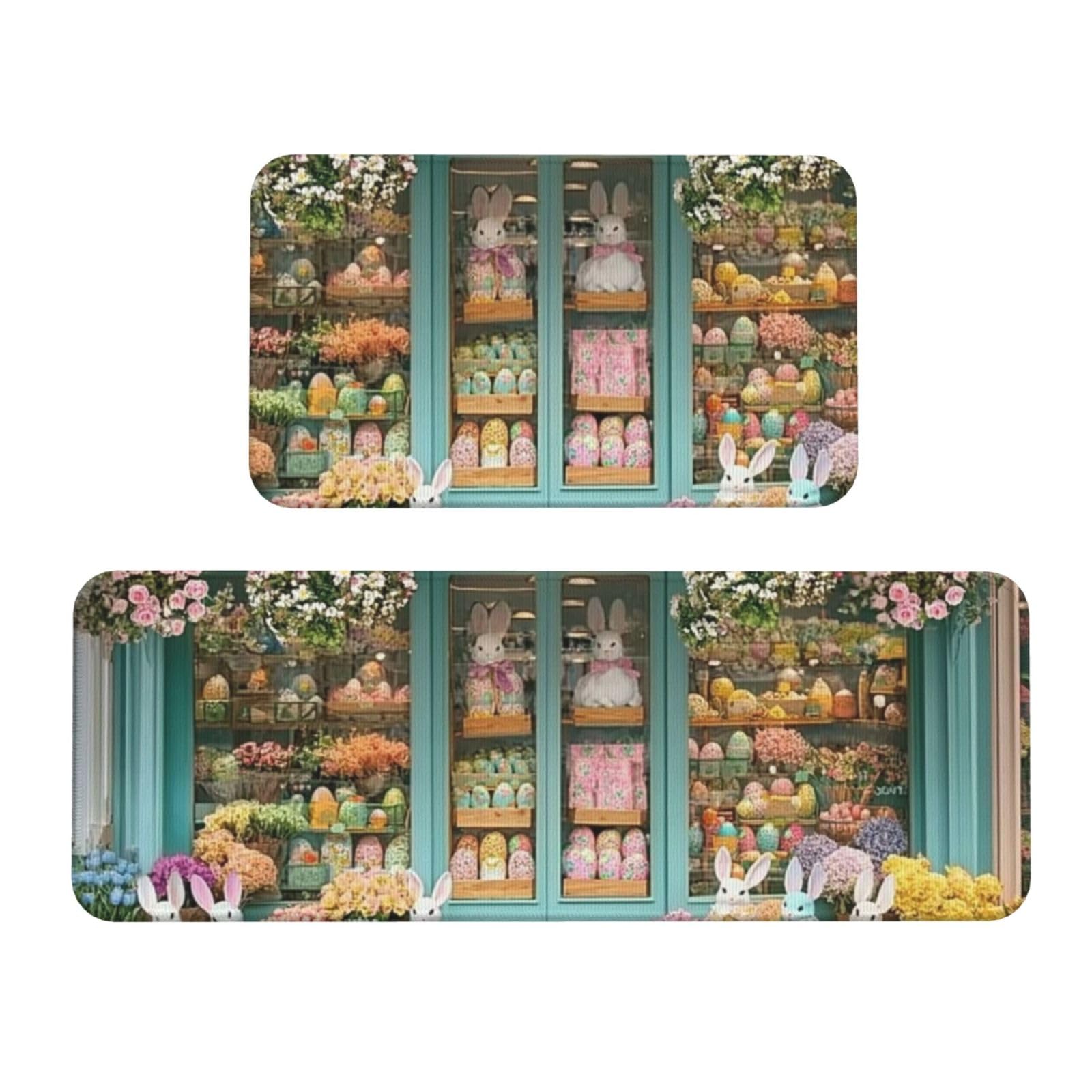 Tapetes de cocina acolchados de conejo y flores para decorar tu suelo frente al fregadero