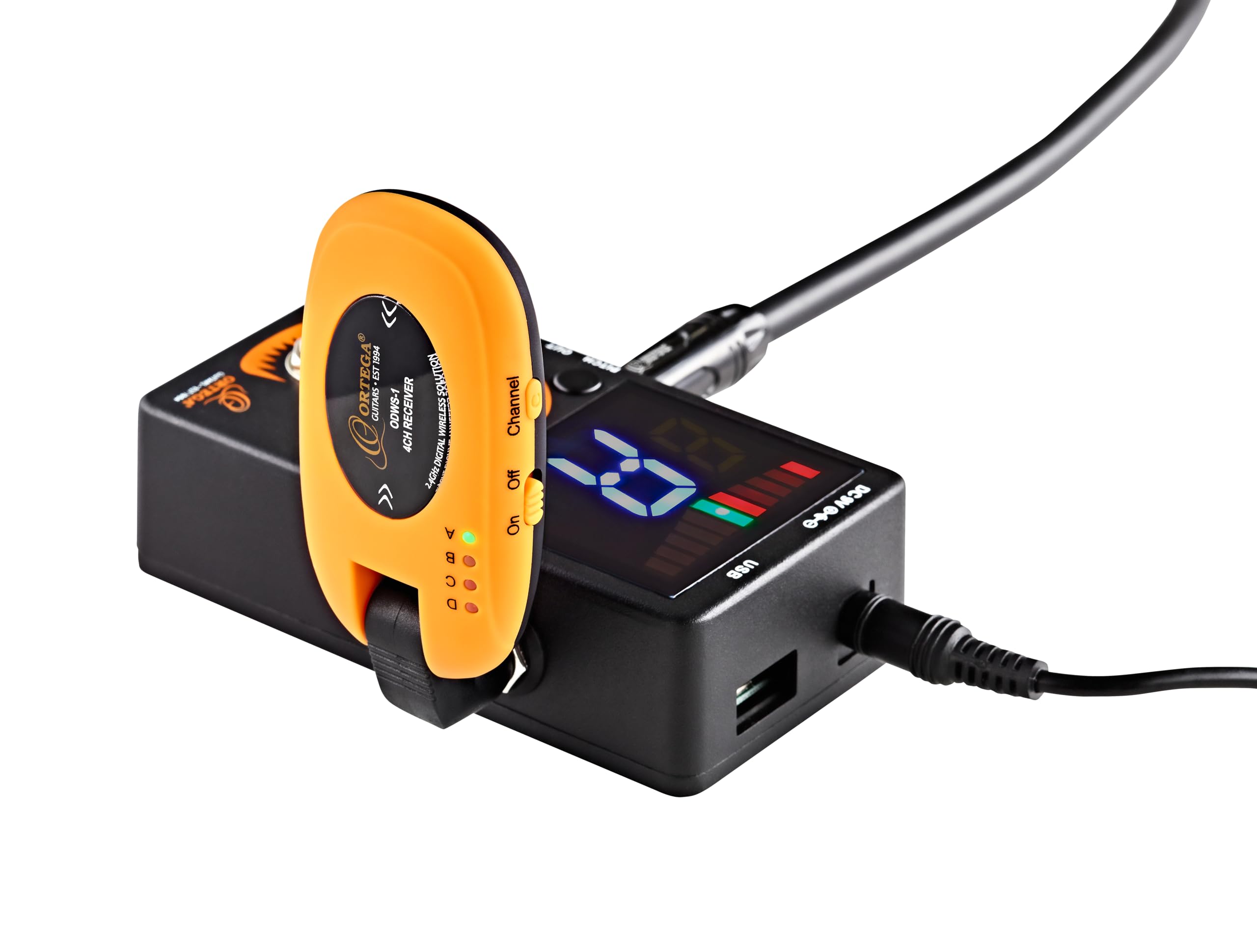 Ortega Guitars Digital Wireless System – Wiederaufladbares Zubehör für Gitarre – Schwarz, Orange (ODWS-1)