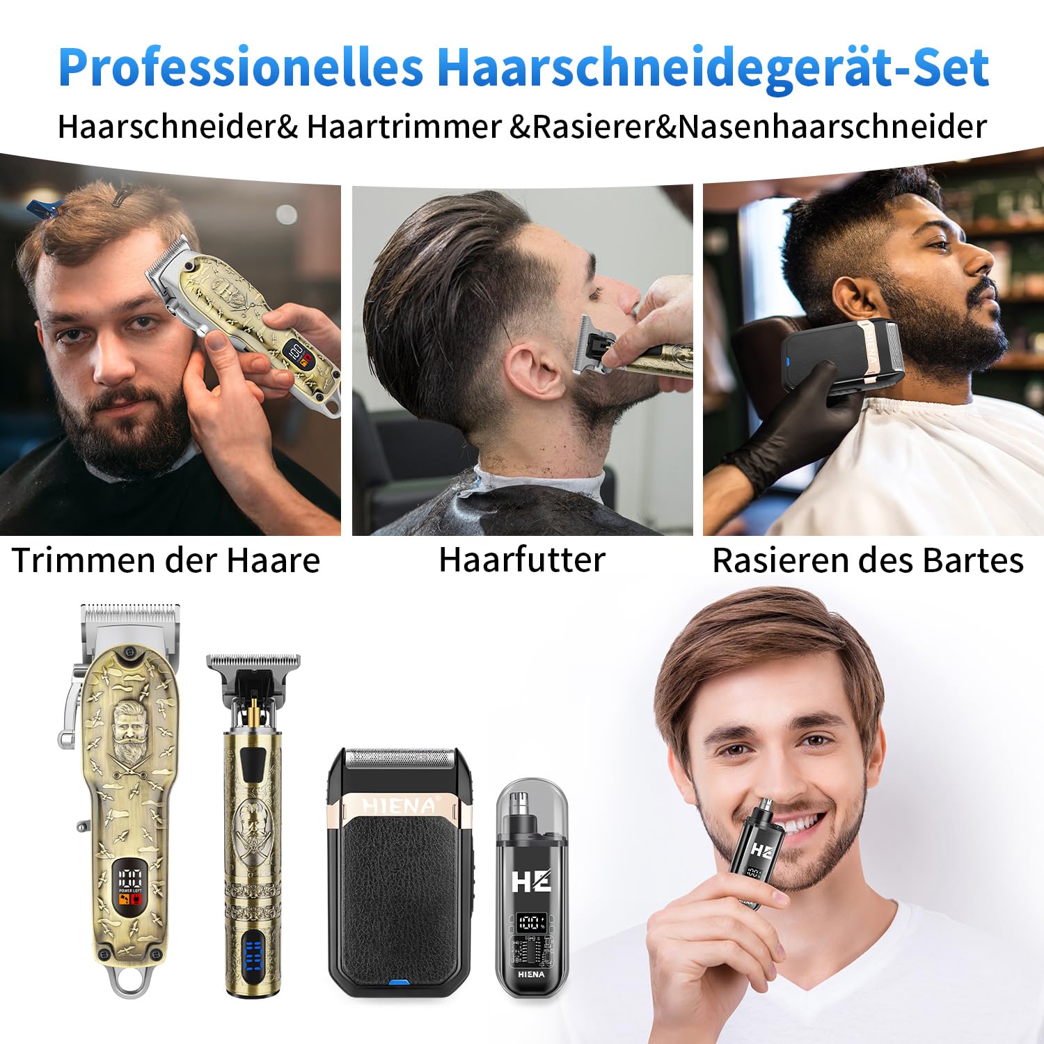HIENA PRO Profi Haarschneidemaschine für Herren, Schnurloser Haarschneider Bartschneider Folienrasierer Nasentrimmer Set, USB Wiederaufladbares Komplettset Elektrisches Haarschneide-Kit (814 Set)