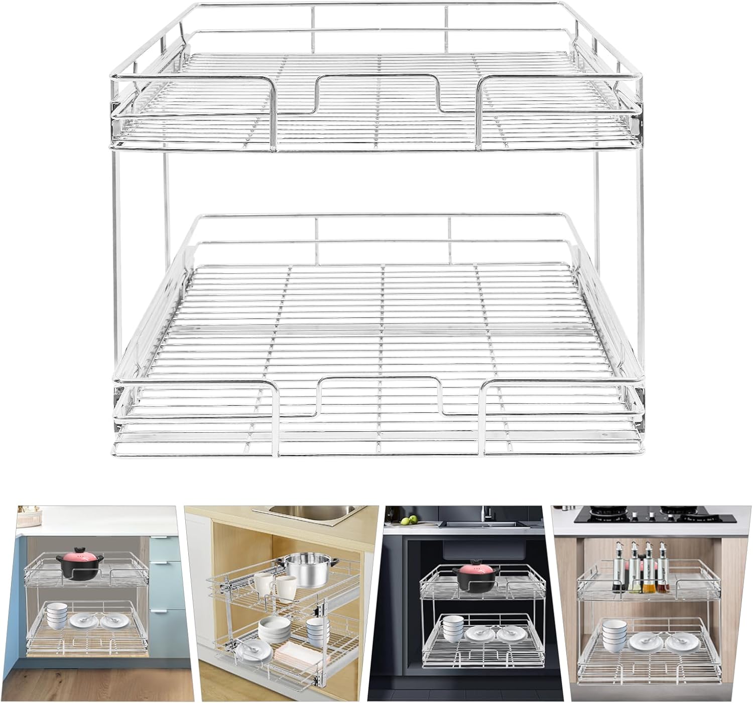 2 Tier Pull Out Cabinet Organizer 21 "W X 22 "D, Double Wire Basket Sliding Shelf, Pull Out Drawer for Kitchen Cabinets, Base Cabinet Organization for Kitchen, Bathroom, Pantry, Chrome (Silver)