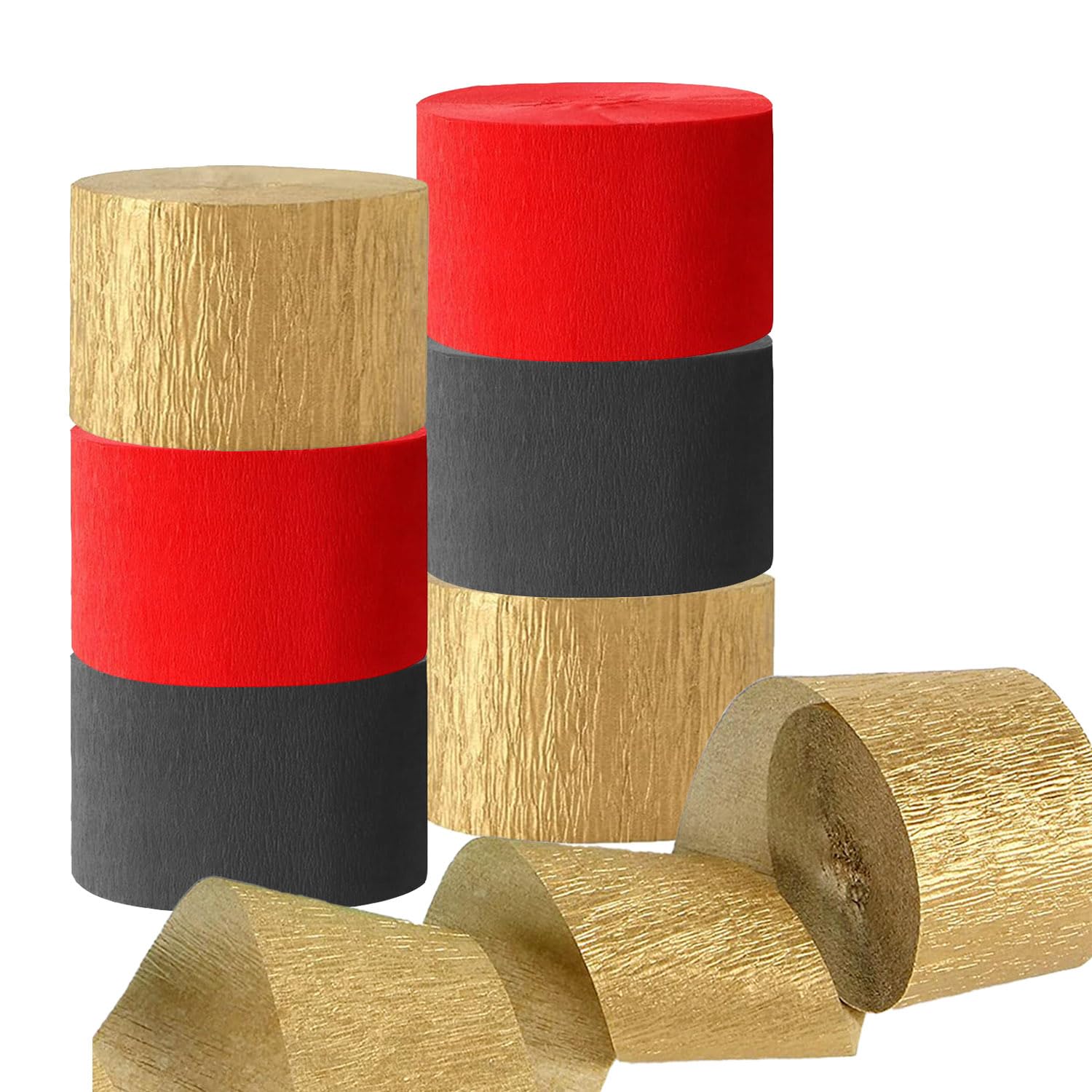 Krepppapier-Luftschlangen für Casino, Geburtstag, Abschlussfeier, Party-Dekoration, 25 m lang, 4,5 cm breit, 6 Rollen in Gold, Schwarz und Rot