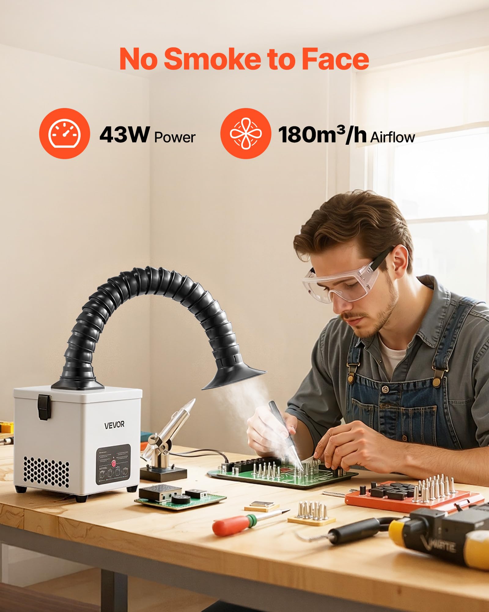 VEVOR Extractor de Humos de Soldadura 43 W, Sistema de Filtración de 3 Etapas, Flujo de Aire de 180 m³/h, Absorbedor de Humos de Soldadura con Motor sin Escobillas, Manguera Flexible de 360°