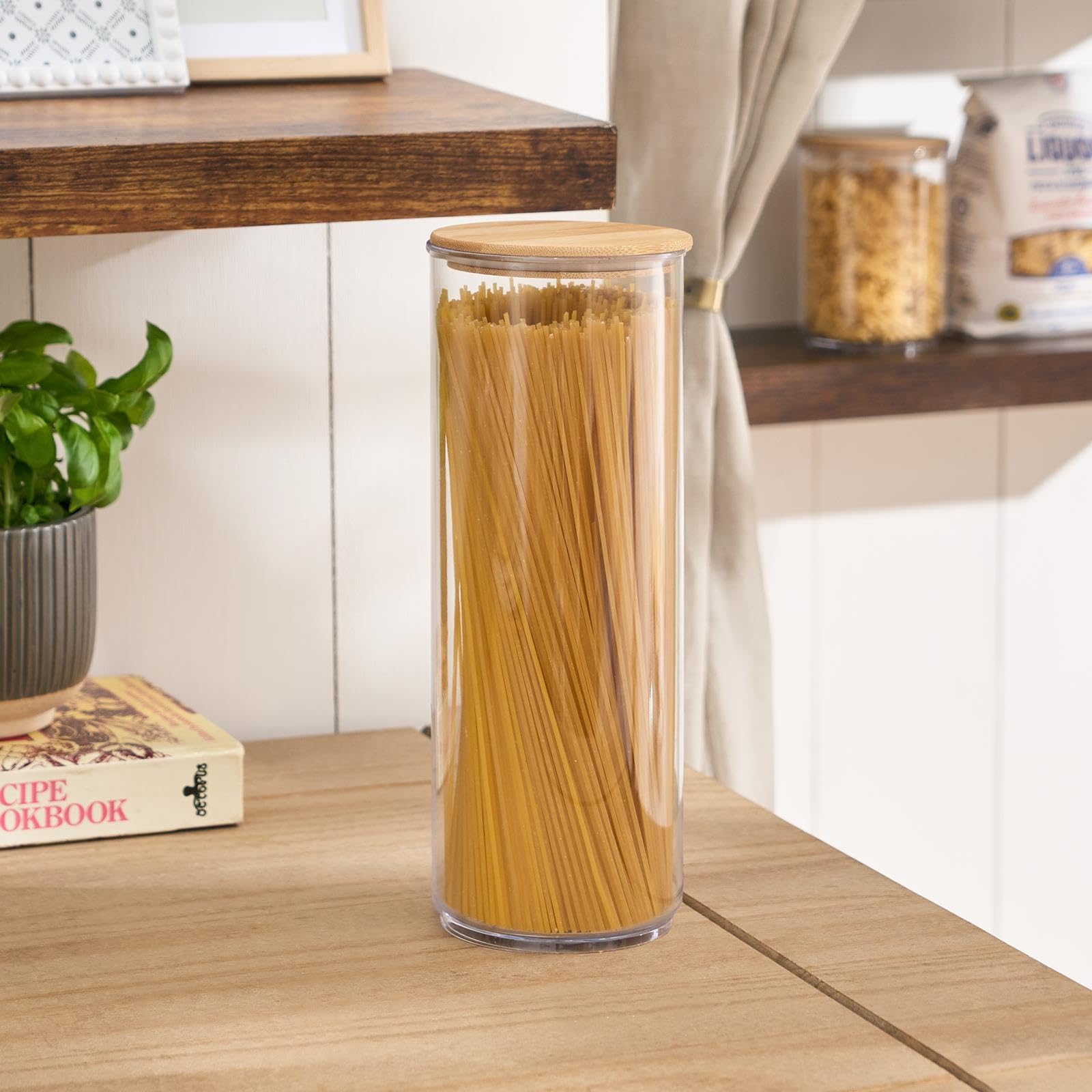OHS Food Storage Containers with Bamboo Lid, BPA Free Round Tall Plastic Jars Airtight Kitchen Storage for Dry Food Cereal Sugar Spices and Baking Supplies, Clear