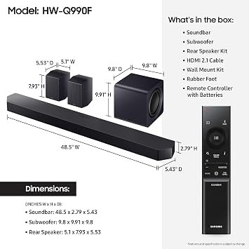 Samsung Q990F 11.1.4ch Q Series Subwoofer + Rear Speaker, Wireless Dolby Atmos, Q-Symphony, Game Mode Pro, Adaptive Sound (HW-Q990F, 2025)