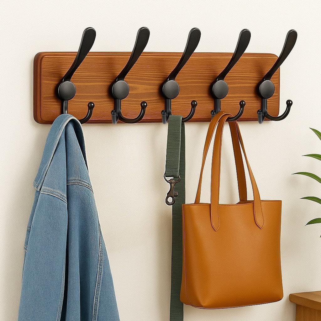 17.5'' Wall Mounted Coat Rack with 5 Triple Hooks- Solid Pine Wood, Wall Mounted or Adhesive Coat Hanger for Entryway, Mudroom, Bathroom - Farmhouse Decor for Towels, Hats, Keys,Bags - Brown
