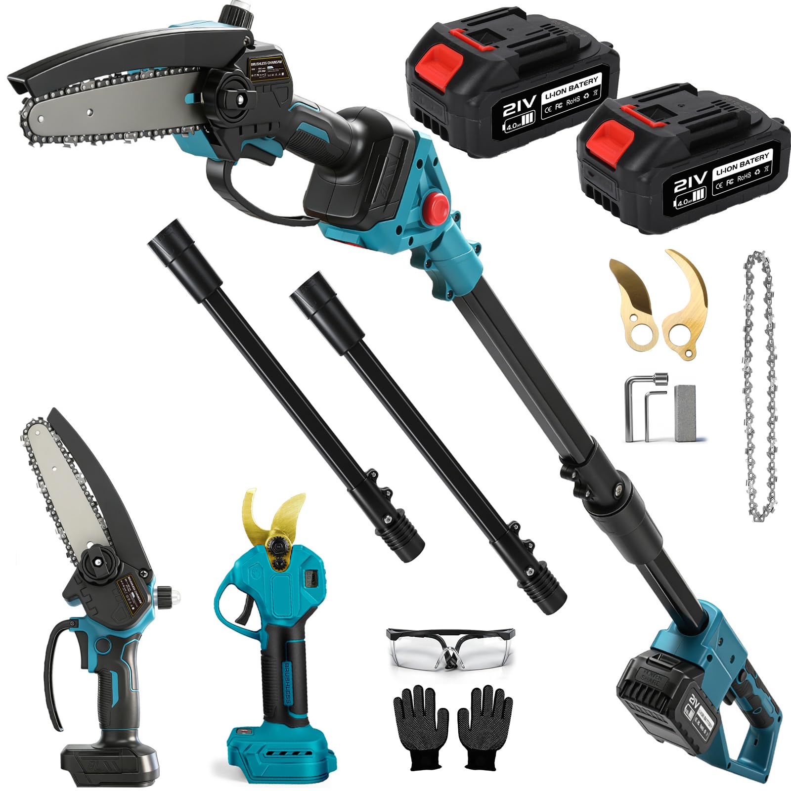 Tijeras de podar eléctricas y motosierra de 6 pulgadas 4 en 1 con batería | 21 V 4,0 A barra telescópica inalámbrica para Makita 18 V motor sin escobillas tijeras eléctricas para árboles frutales