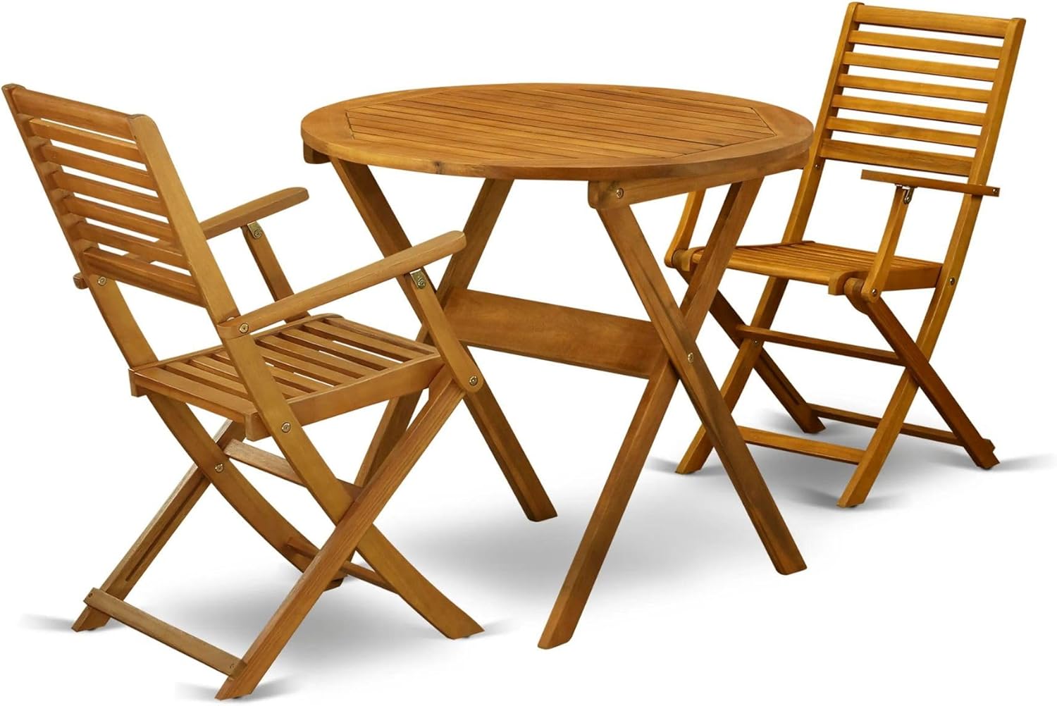 East West Furniture MNBS3CANA 3 Piece Outdoor Conversation Bistro Set Contains a Round Acacia Wood Coffee Table and 2 Folding Arm Chairs, 30x30 Inch, Natural Oil