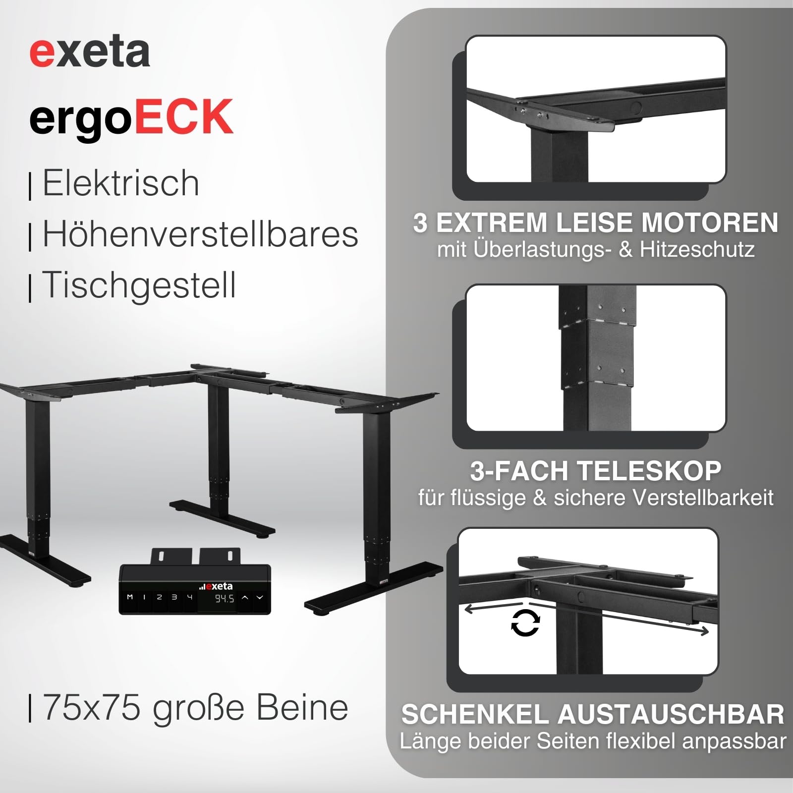 ergoECK höhenverstellbarer Eckschreibtisch Gestell - System TÜV Rheinland Zertifiziert - 3 Motoren, 3 Beine/3-Fach-Teleskop, Memory-Funkt. Softstart/-stopp, Tischgestell in schwarz