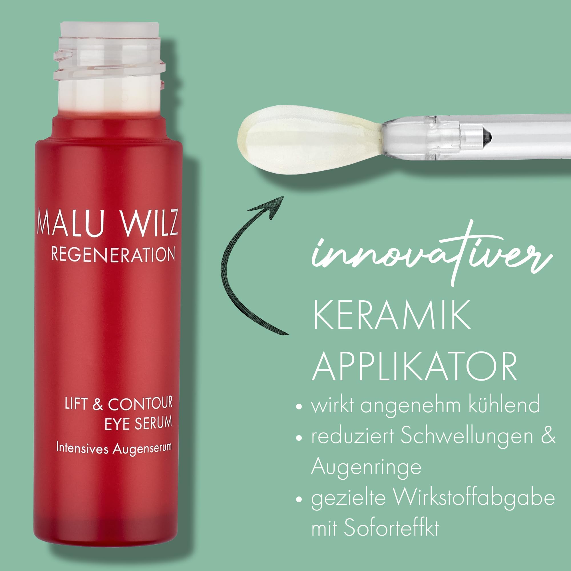 Malu Wilz LIFT & CONTOUR EYE SERUM – Anti-Aging Augenserum mit Peptiden, Q10 & Pfirsichkernöl, kühlender Keramik-Applikator, gegen Falten, Schwellungen & Augenringe, 12 ml, vegan