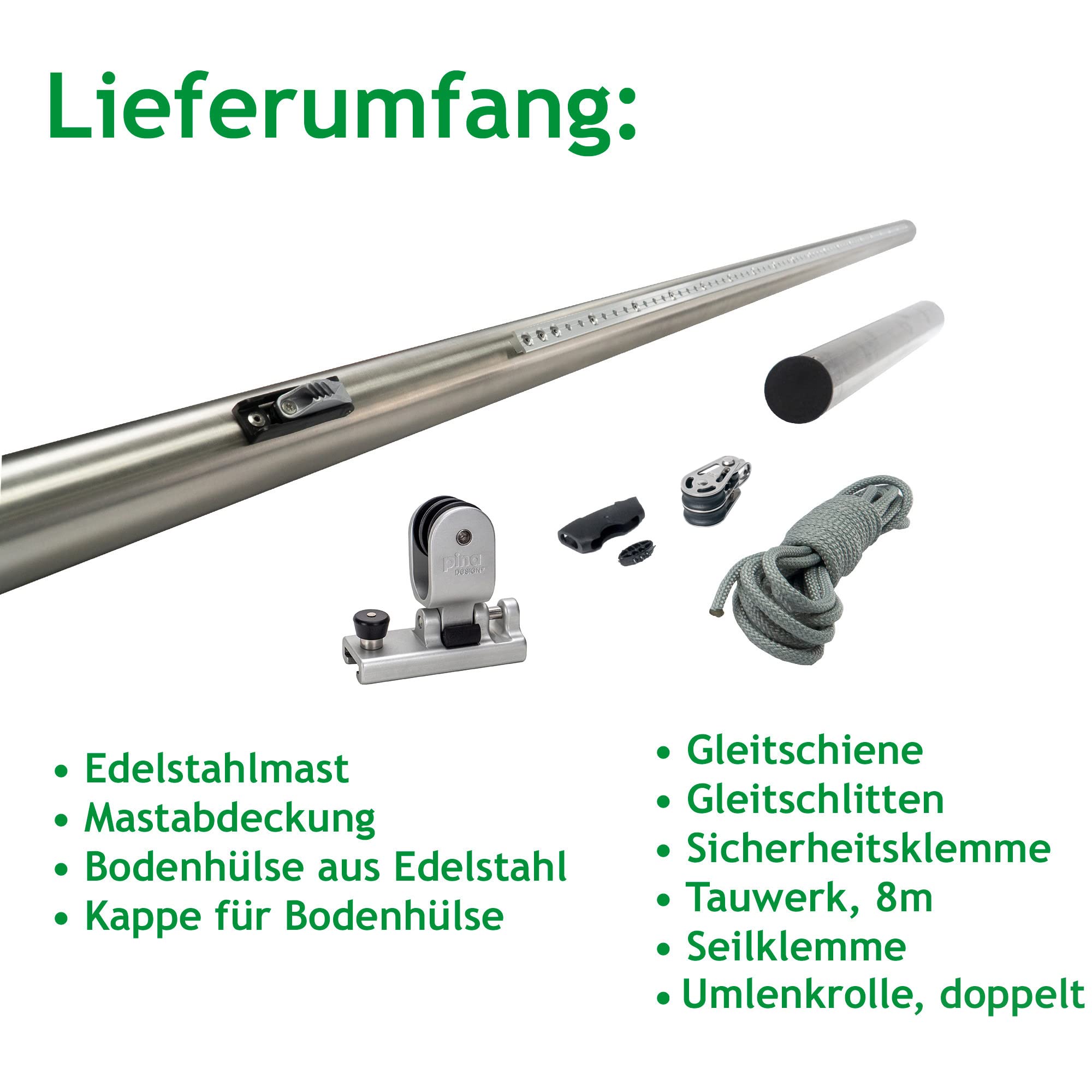 Sonnensegel Pfosten höhenverstellbar 3m, aus V2A Edelstahl inkl. Zubehör - 4-Fach Flaschenzug-Set & 0,75m Bodenhülse | Befestigung für sehr große Segel (70/3mm)