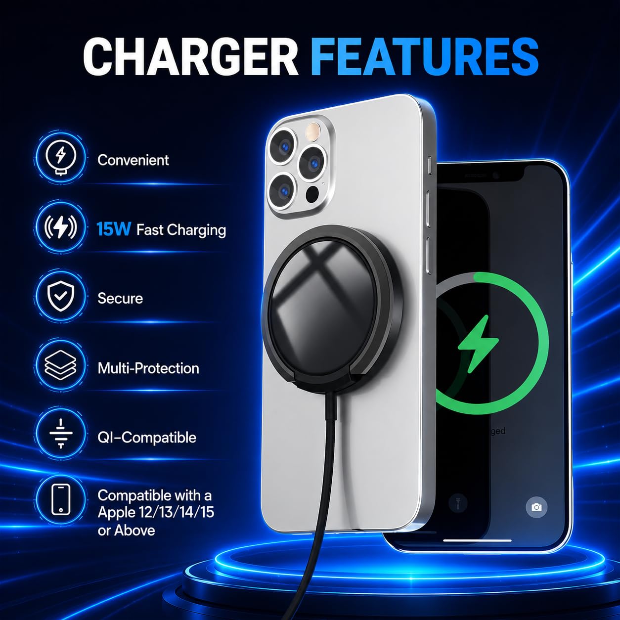 Cargador inalámbrico para iPhone, AirPods, tarjeta de seguimiento de 15 W, entrada plana de carga rápida tipo C, protección de seguridad inteligente (1, negro)