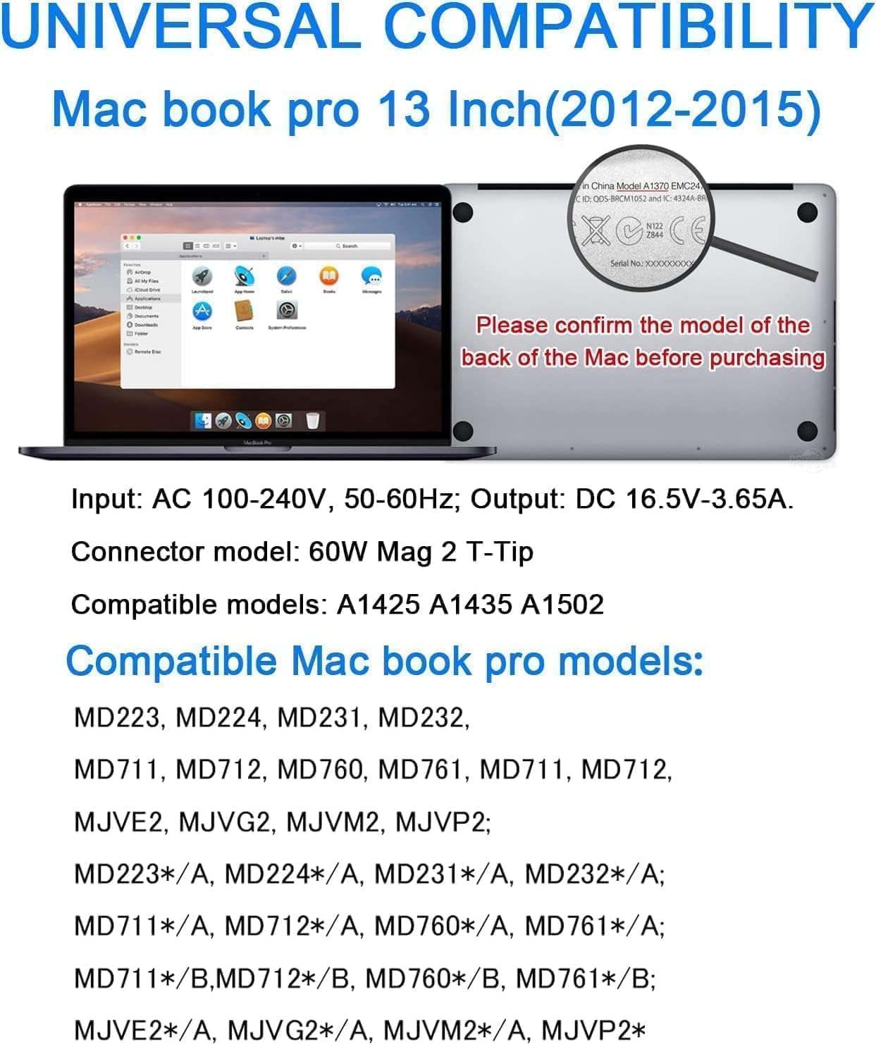 FACTOTECH Replacement Adapter for Mac-Book Air (Retina Display, 11-inch & 13-inch) -A1425, A1435, A1465, A1502,A1466,A1436 (2012, 2013, 2014, 2015, 2017 2018) -60W T Shape, White Charger