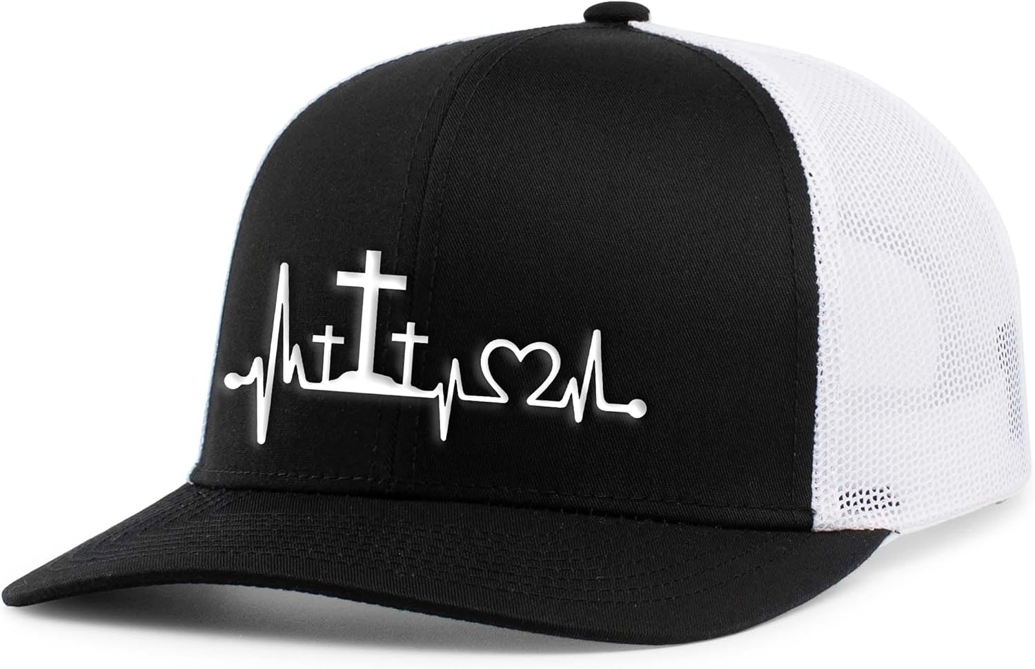 Mens Christian Hat Heartbeat Cross Embroidered Mesh Back Trucker Hat