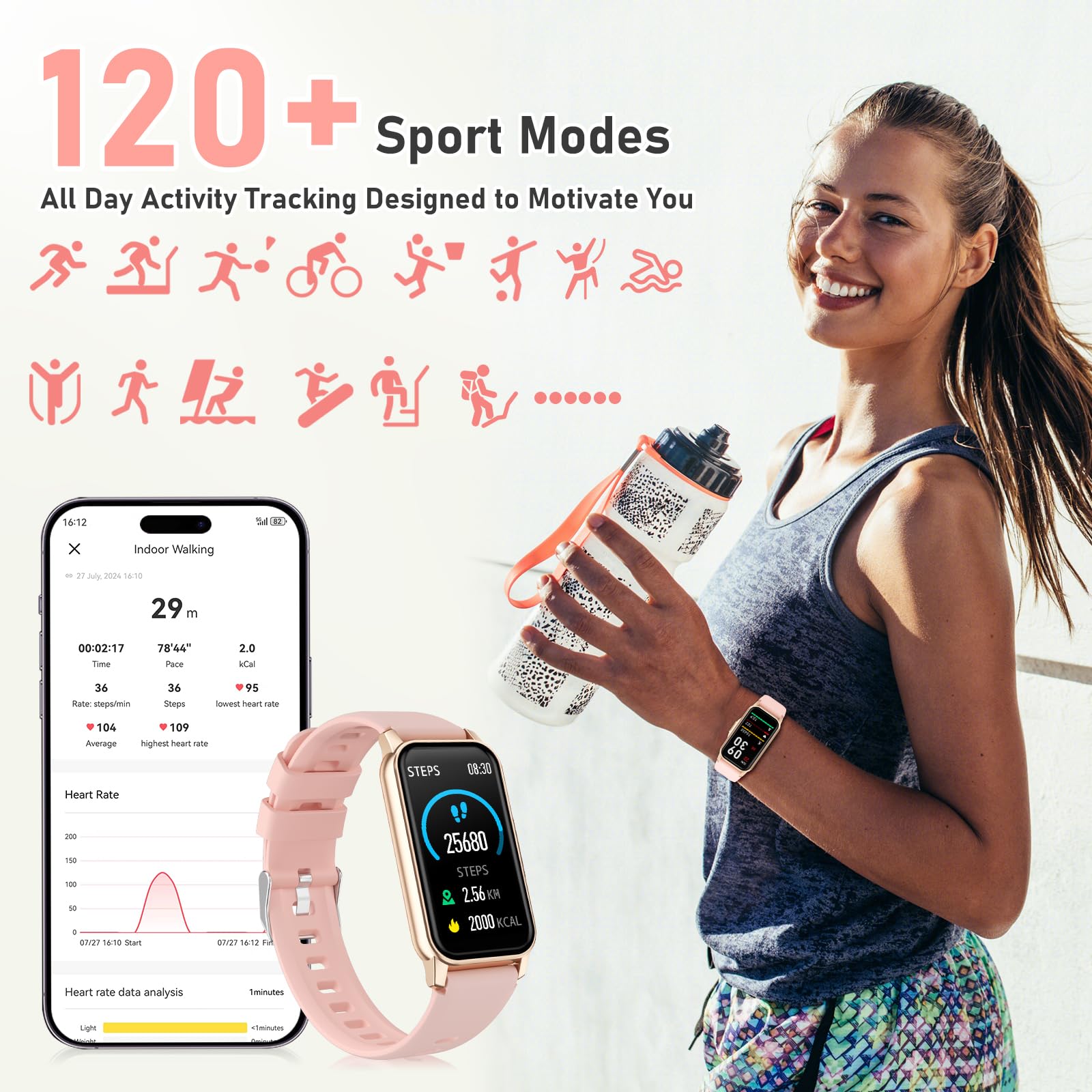 Health Fitness Tracker, Smart Watch with 24/7 Heart Rate Blood Oxygen Blood Pressure Sleep Monitor, IP68 Waterproof Step Calorie Counter Pedometer Activity Trackers for Android&iPhone Women Men Pink