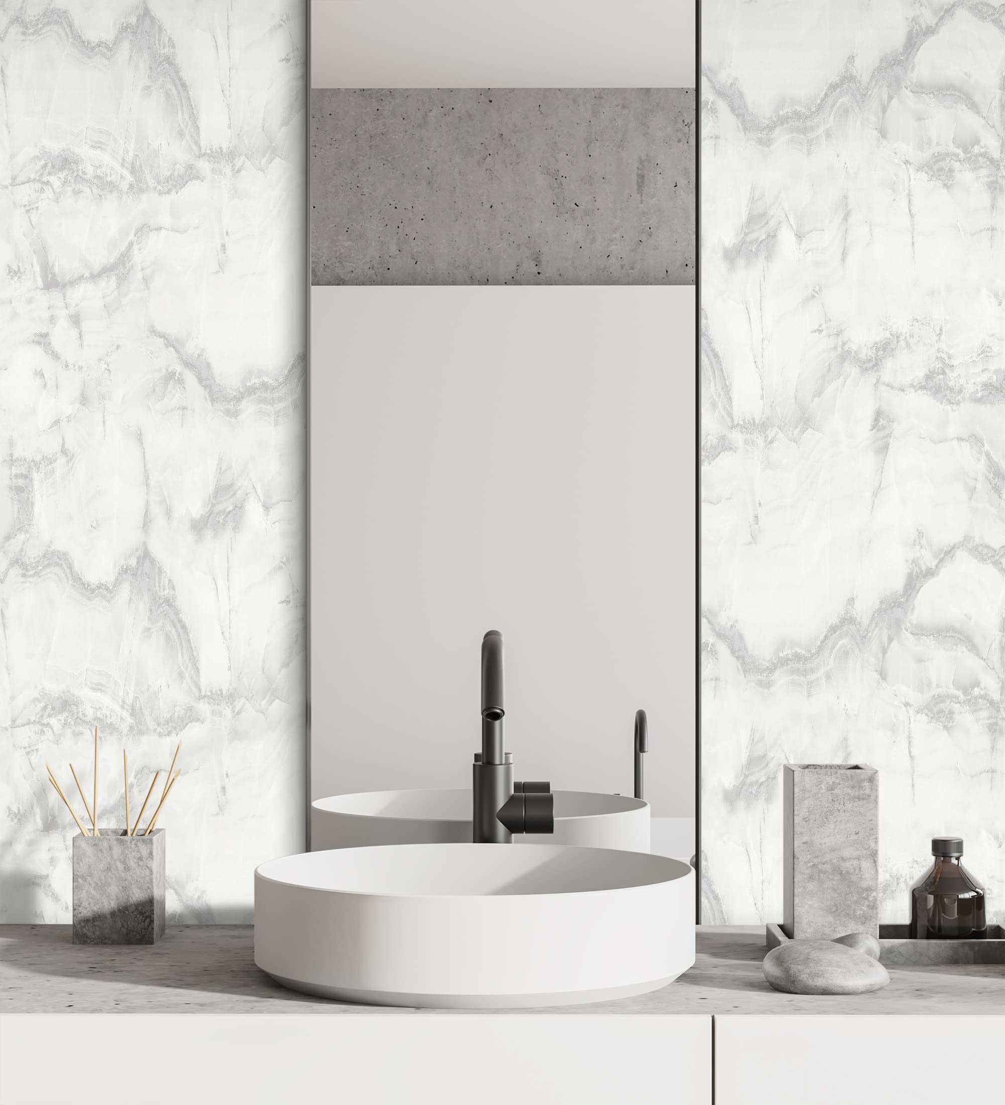 GAULAN 680935 - Papel pintado lavable imitando al mármol blanco con vetas grises para pared salón cocina dormitorio comedor - Rollo de 10 m x 0,53 m