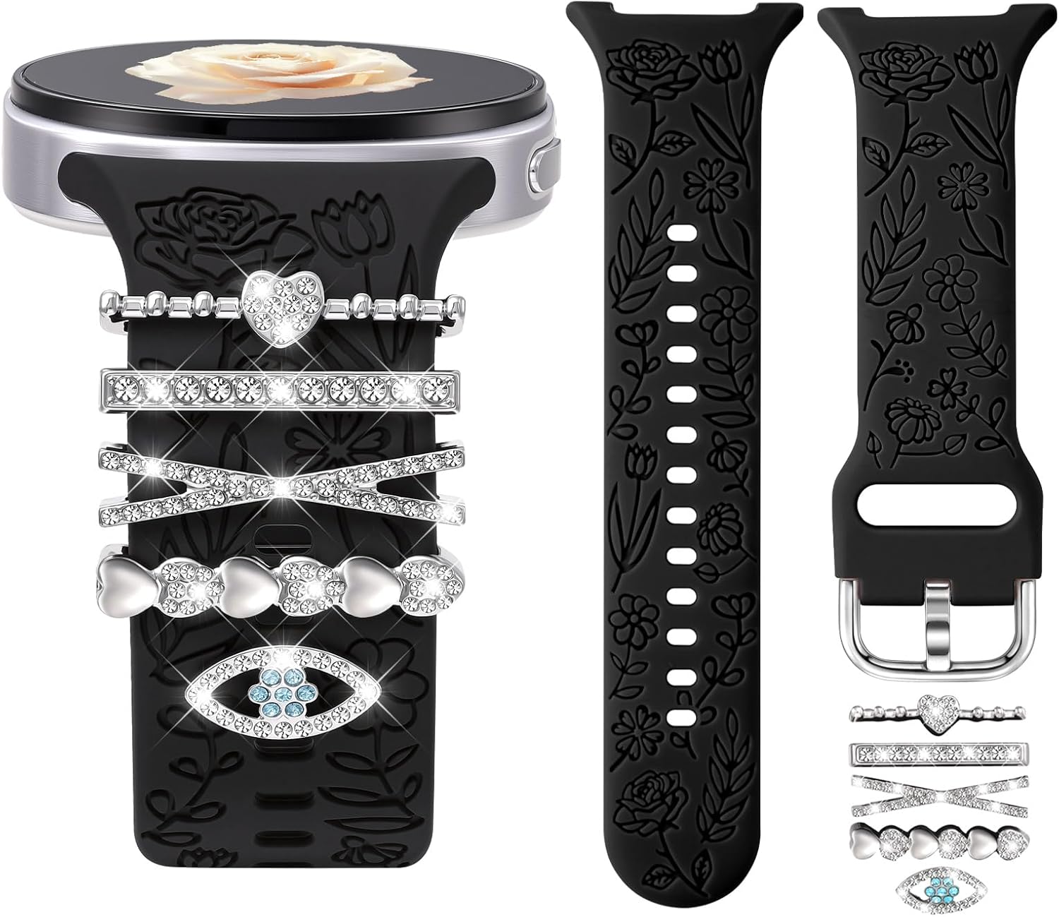 DaQin Flower Engraved Bands Compatible with Samsung Galaxy Watch 8 Band 40mm 44mm/Galaxy Watch 8 Classic 46mm, Soft Silicone Replacement Strap with Fancy Decorative Charms Accessories for Women