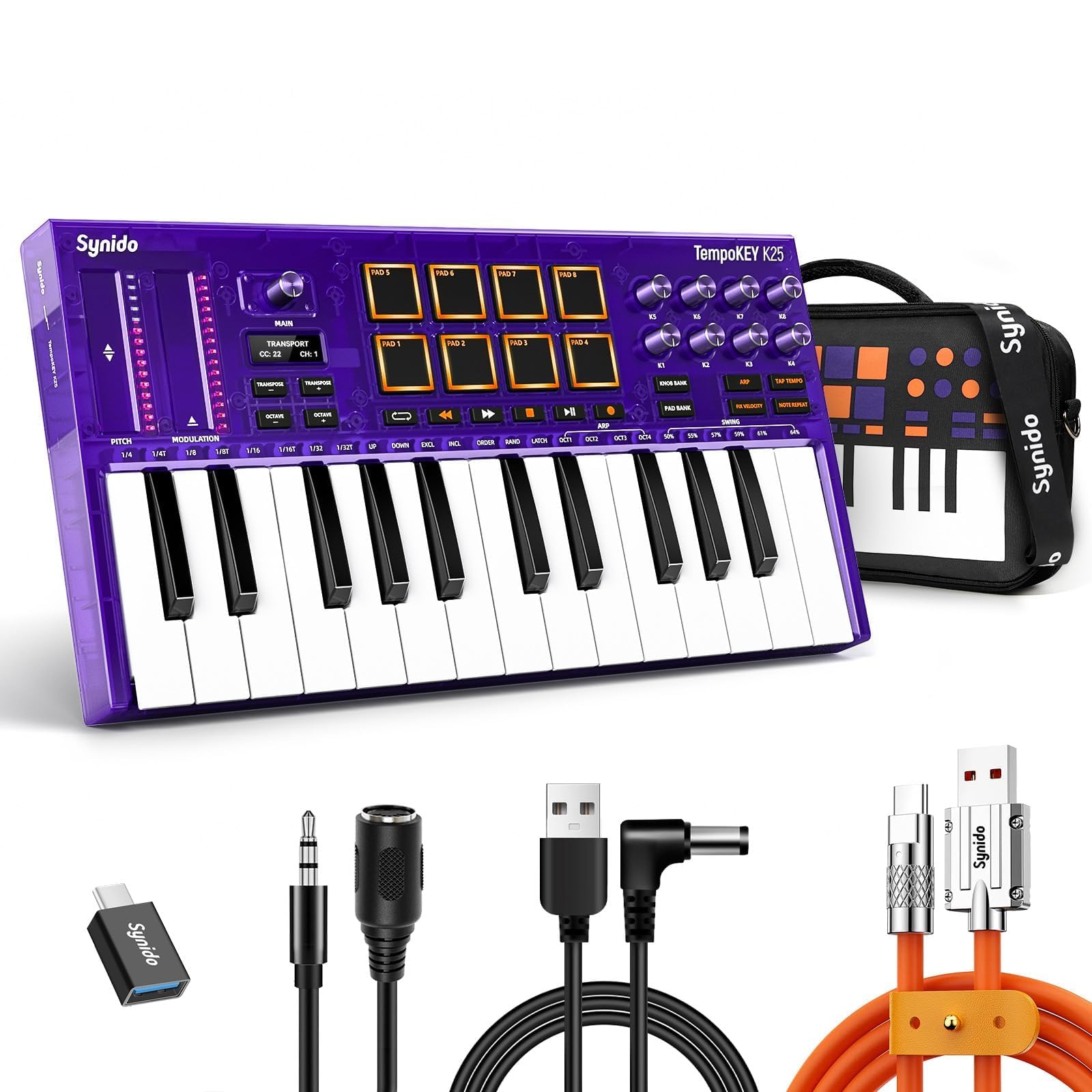 Synido Controlador de teclado MIDI Beat Maker, teclado MIDI de 25 teclas con almohadillas de batería, bolsa de transporte, pantalla OLED, teclado MIDI TempoKEY K25 USB-C con almohadilla de ritmo para