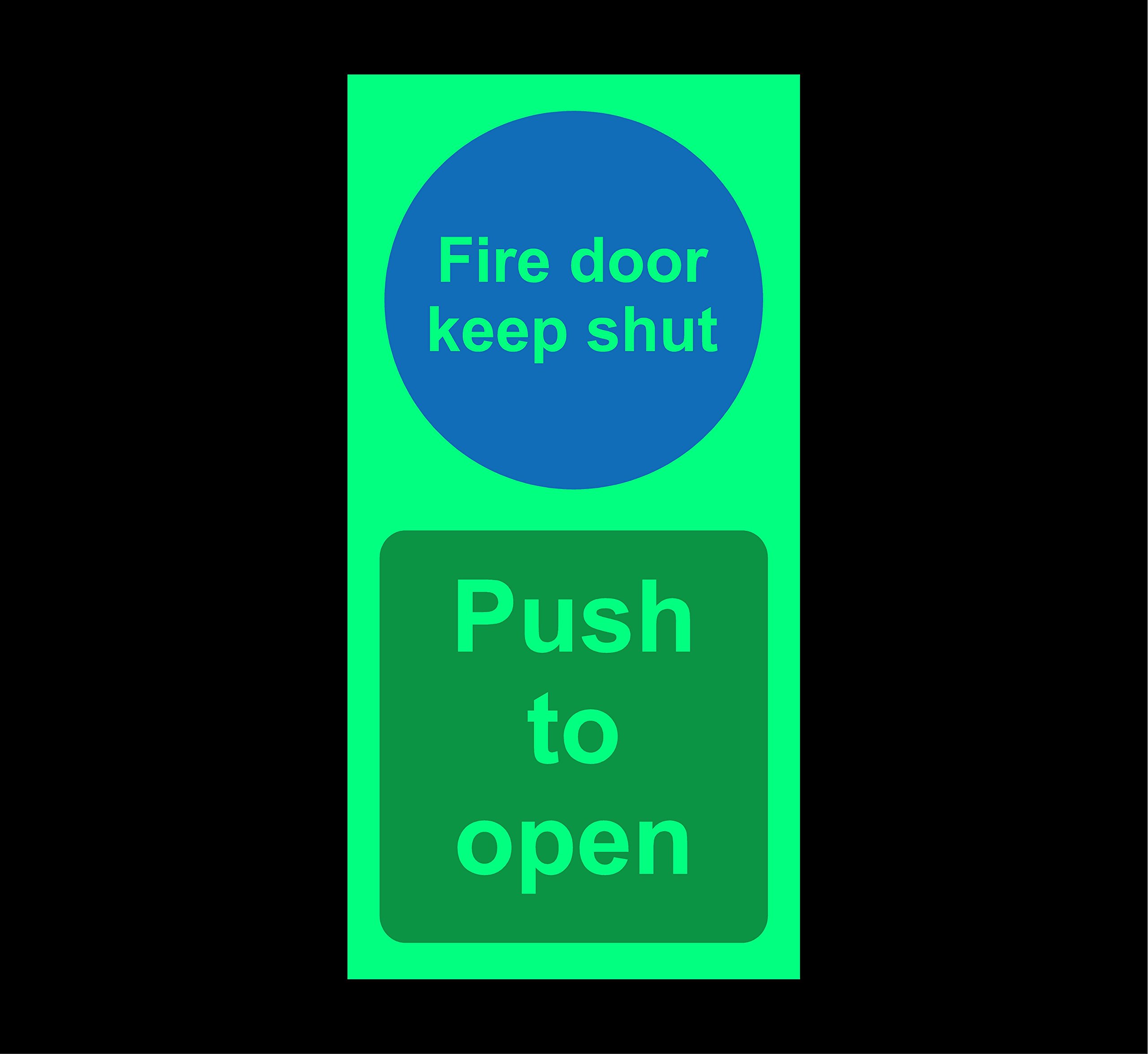 Fire door keep shut push to to open Safety sign - 200mm x 100mm 1.2mm Photoluminescent rigid plastic with self adhesive backing